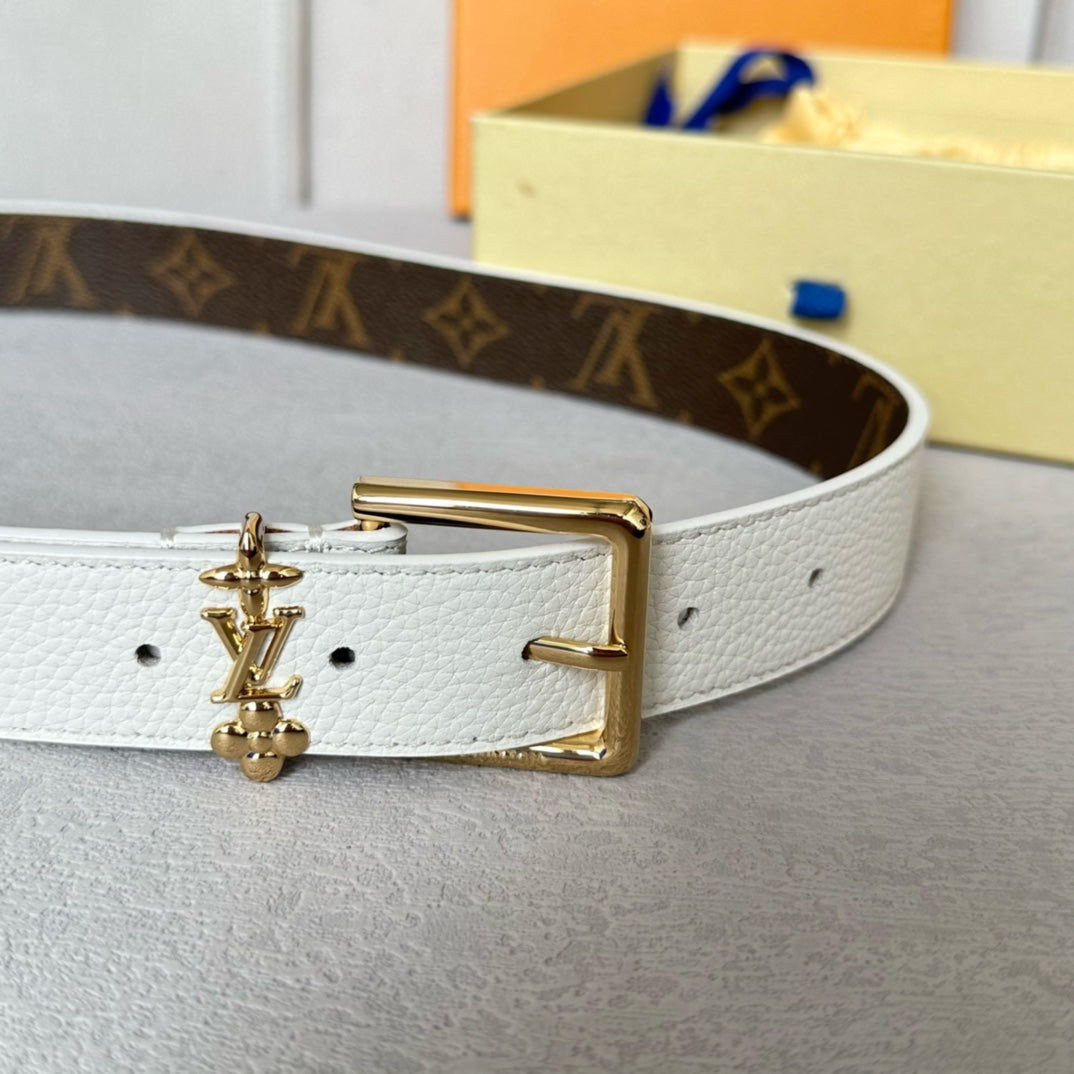 LV Bloom 30mm Belt Gold Buckle White Brown Leather