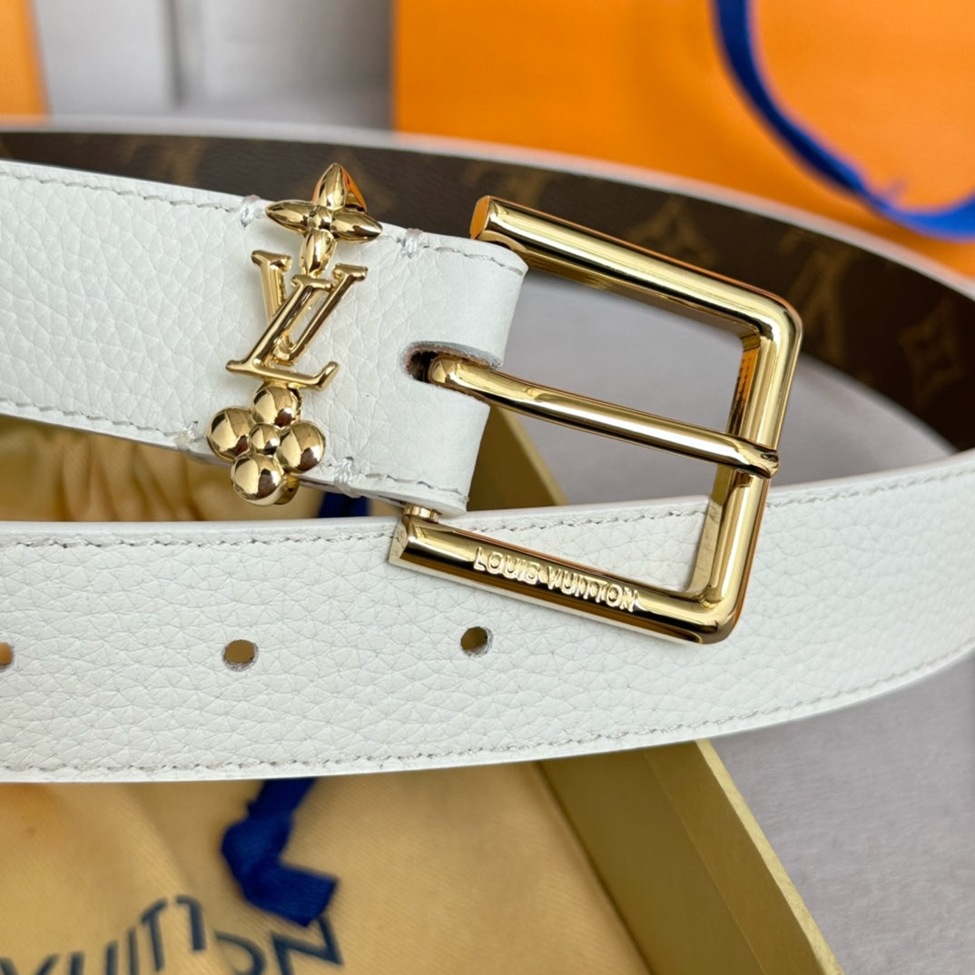 LV Bloom 30mm Belt Gold Buckle White Brown Leather