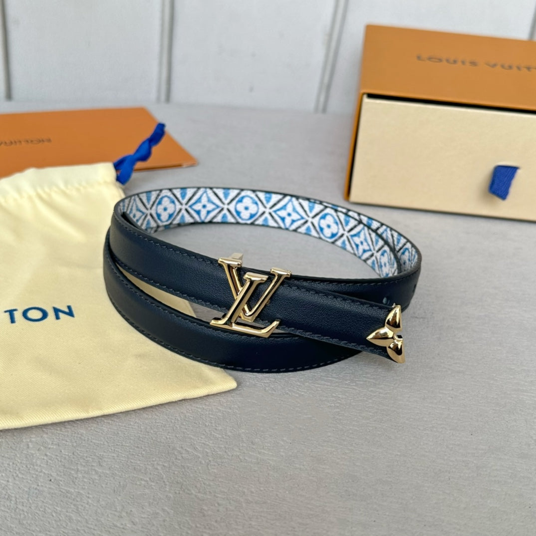 Pretty LV 20mm Reversible Belt Gold Buckle Black White Blue Leather