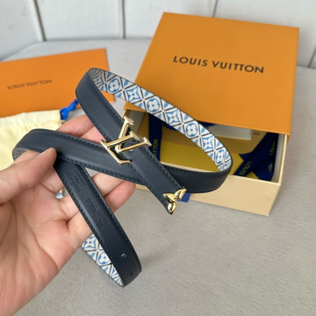Pretty LV 20mm Reversible Belt Gold Buckle Black White Blue Leather