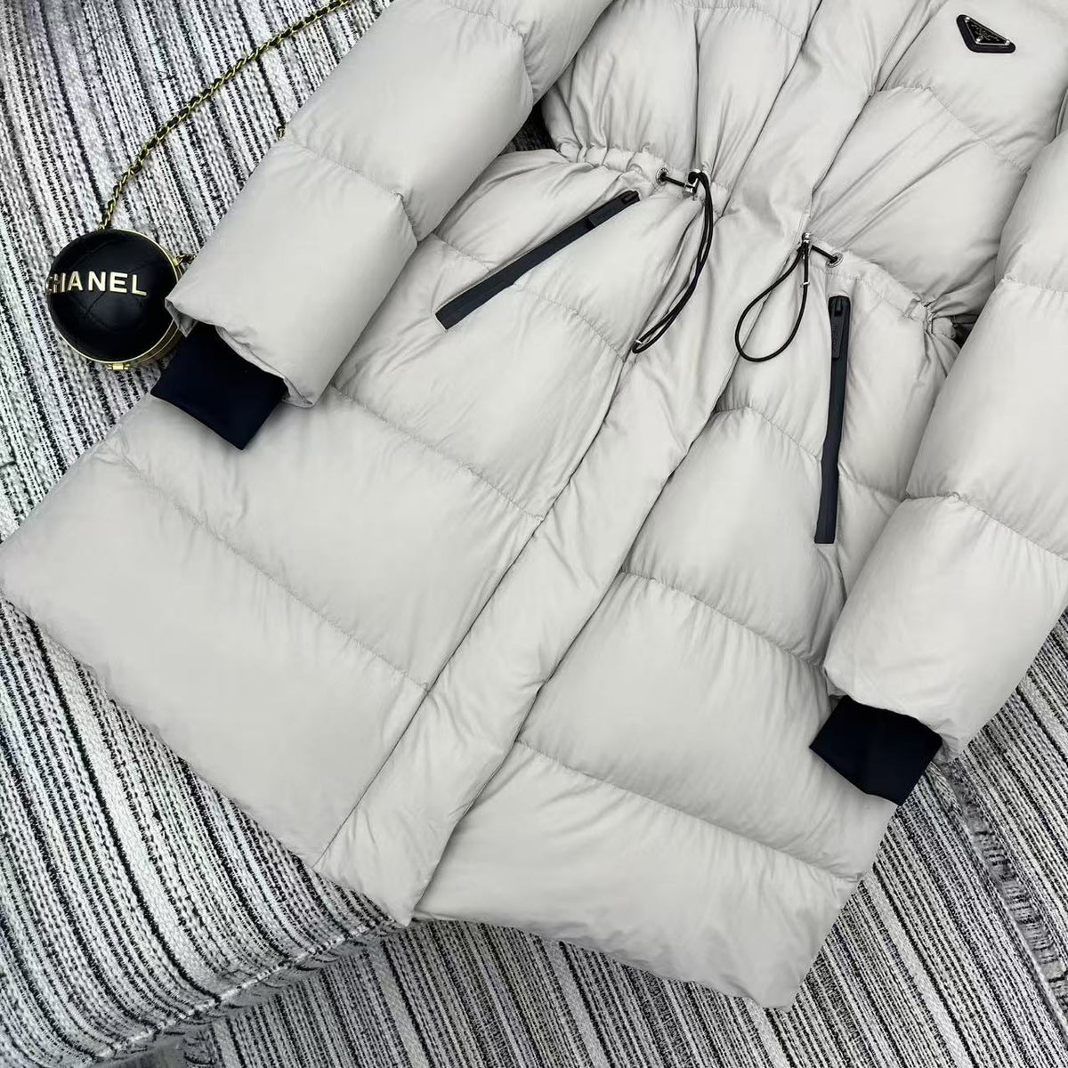 Prada 2025 Drawstring Waist Hooded Jacket Ivory Down Polyester
