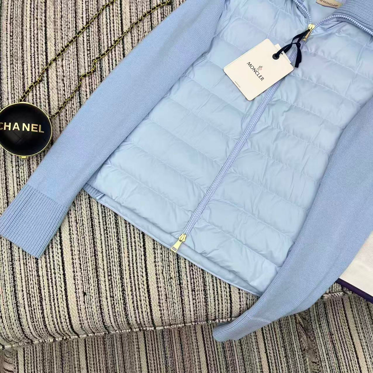 MC 2025 Quilted Knit-panel Puffer Jacket Sky Blue Polyester Wool 528745
