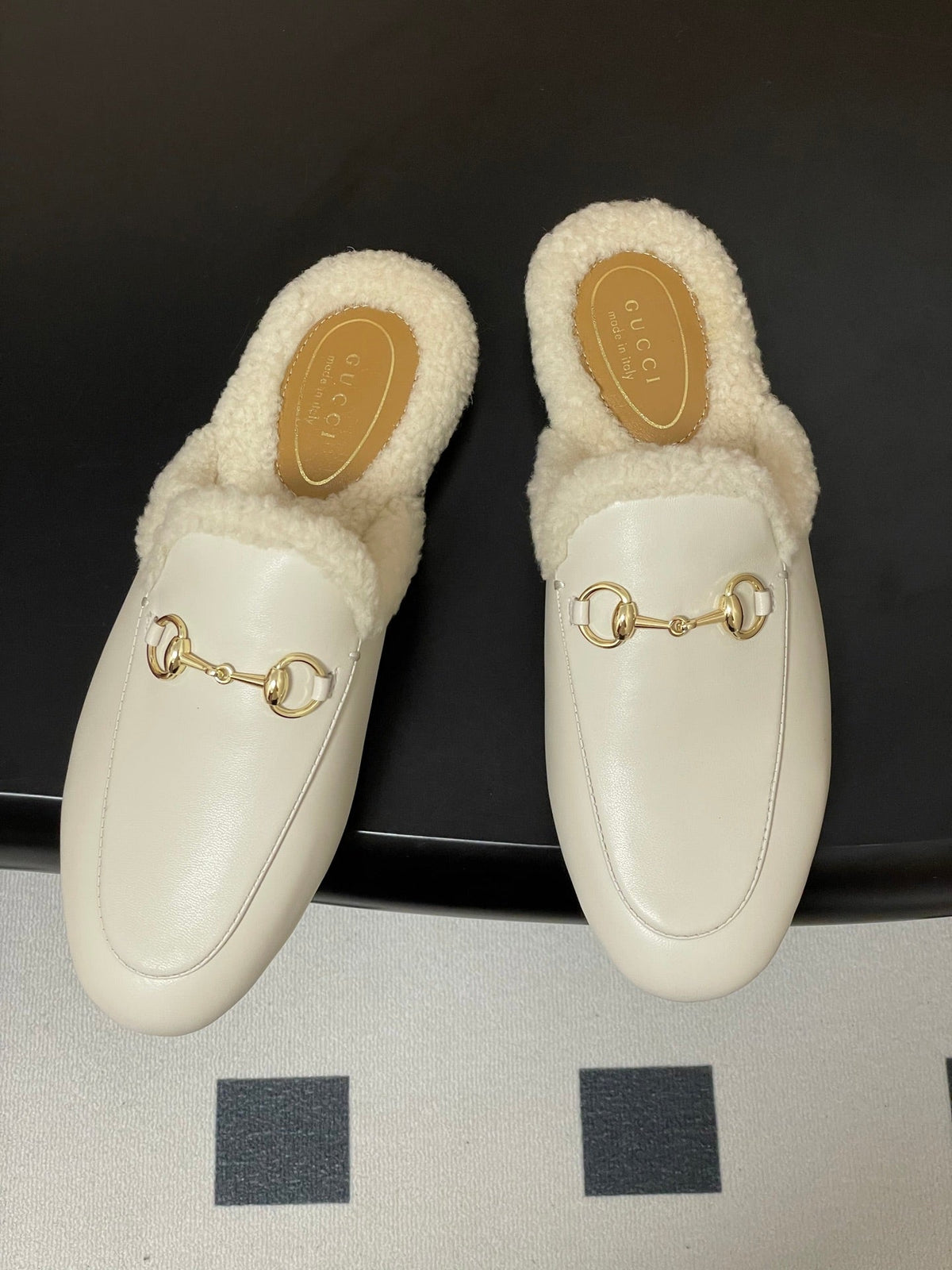 GG horsebit flat mules white cowhide 534712