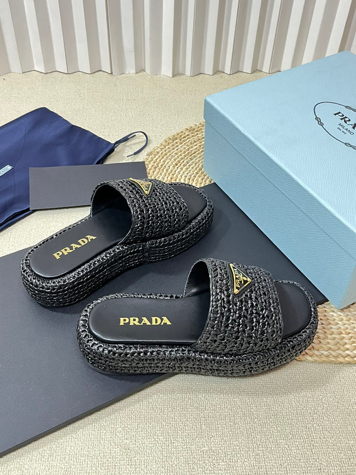 PRA CROCHET FLATFORM SLIDES BLACK RAFFIA