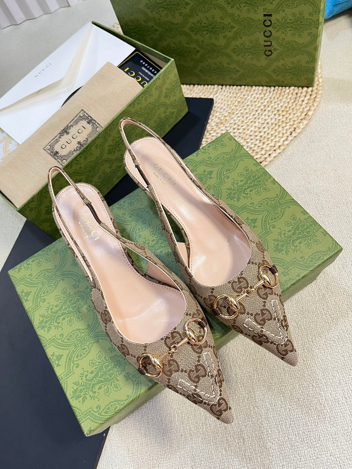 GC Horsebit Slingback Pump 50mm Beige mix Brown Canvas Sheepskin 294560