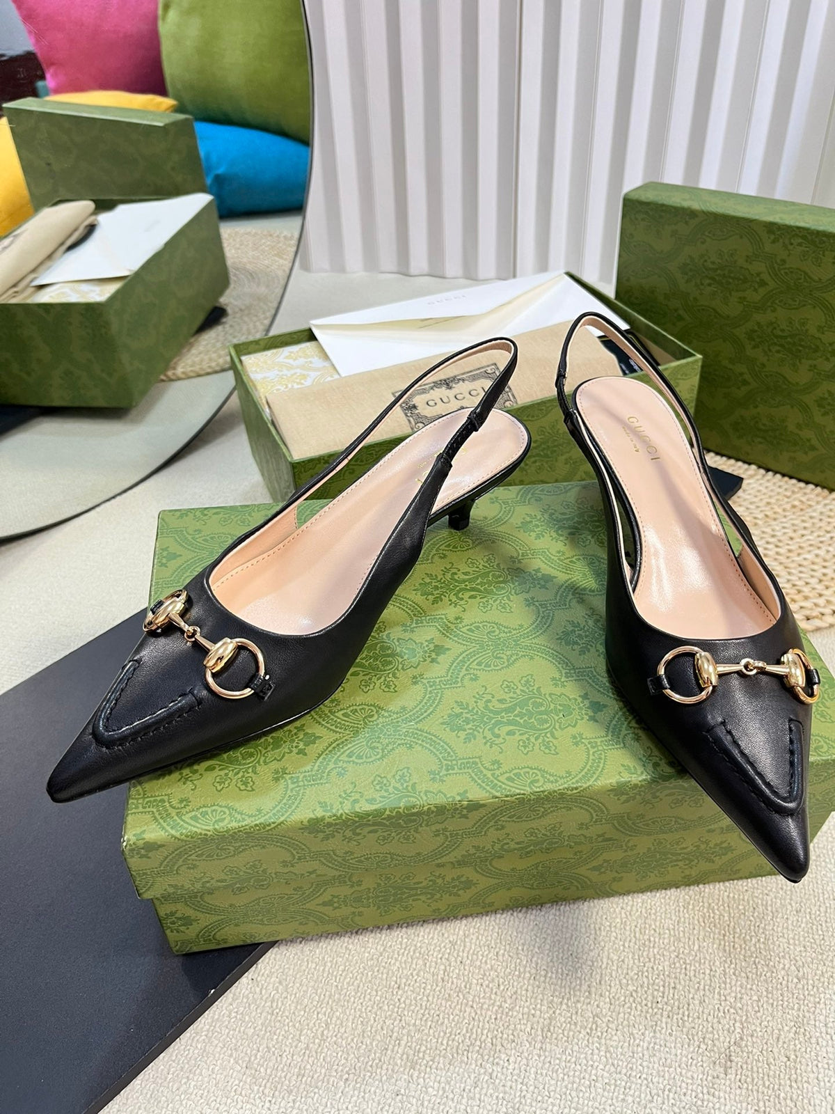 GC Horsebit Slingback Pump 50mm Black Sheepskin 294563