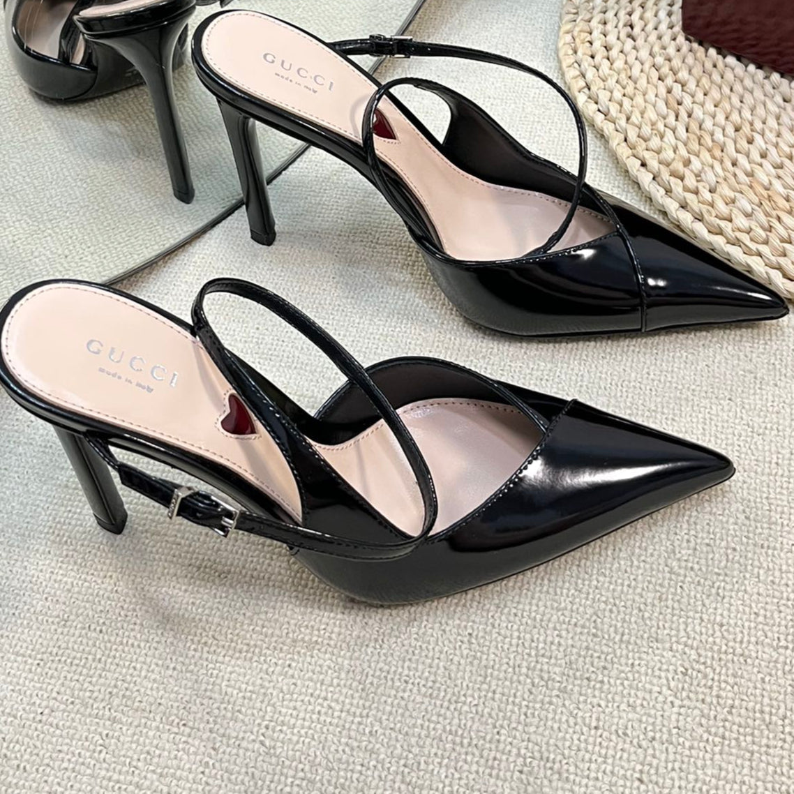 GC 100mm Heeled Slingbacks Black Sheepskin 294608