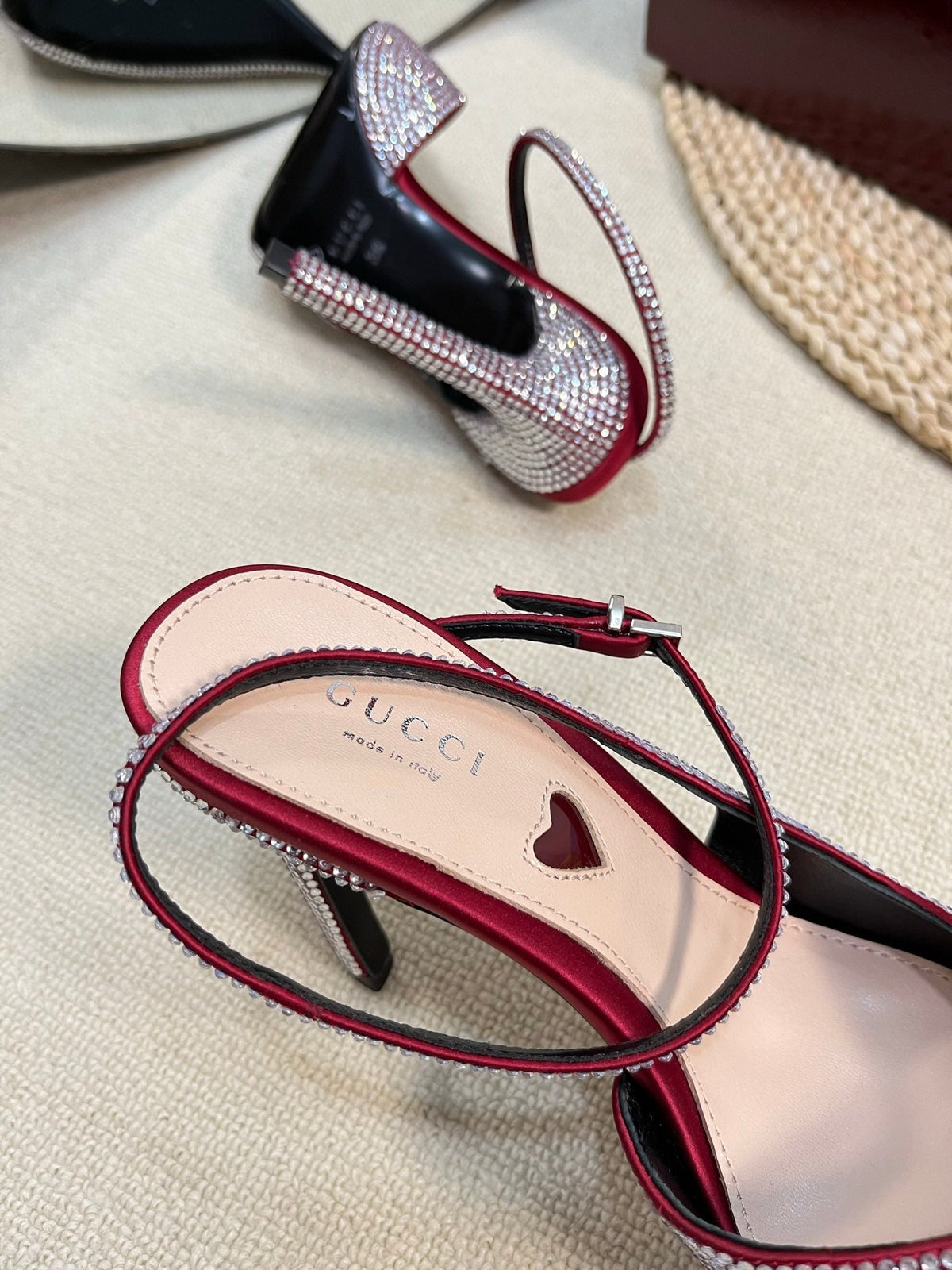 GC Crystal-Embellished Slingbacks Red Silk Sheepskin 294609