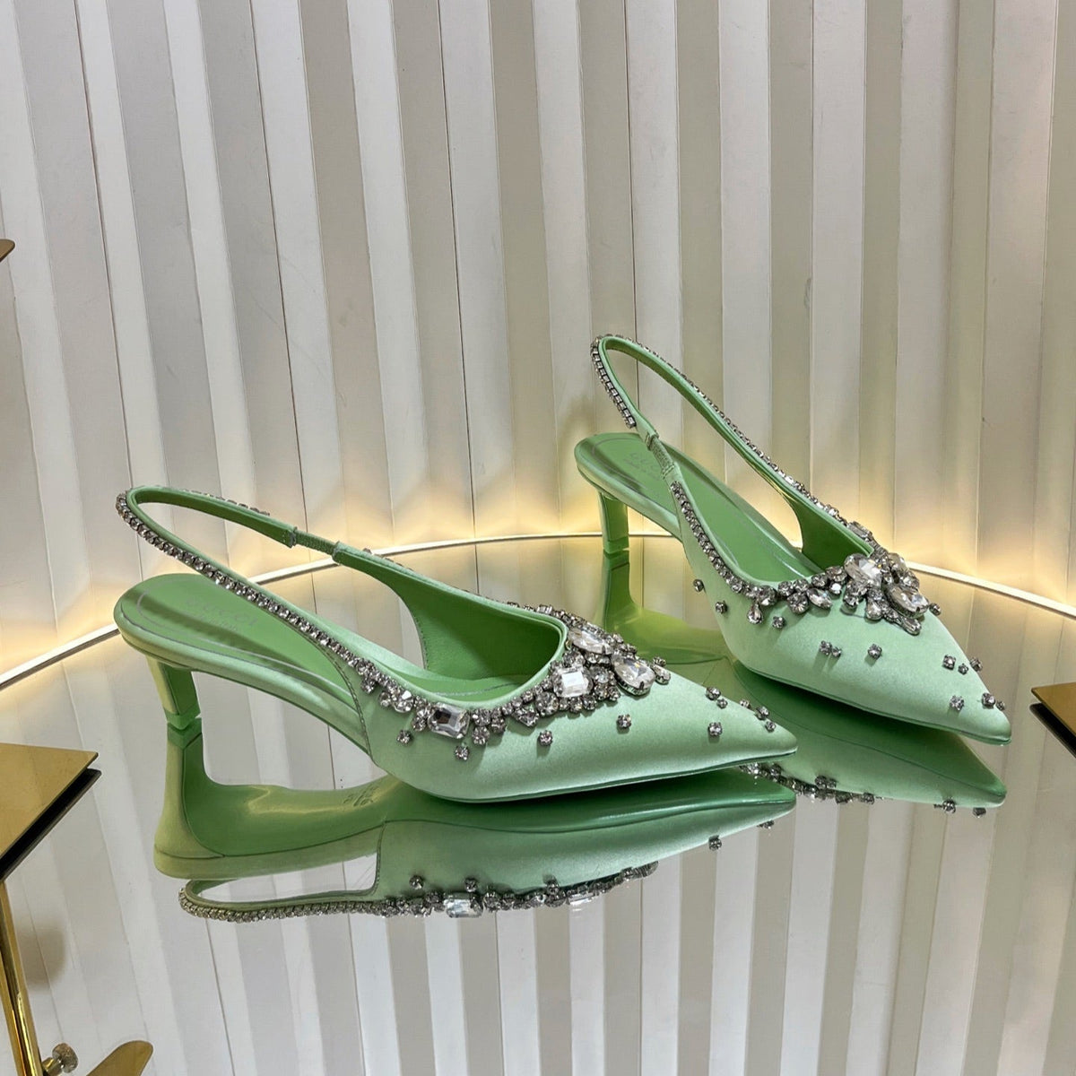 GG 25C Women's pump with crystals 55mm Mint Green Silk With Leather 234253