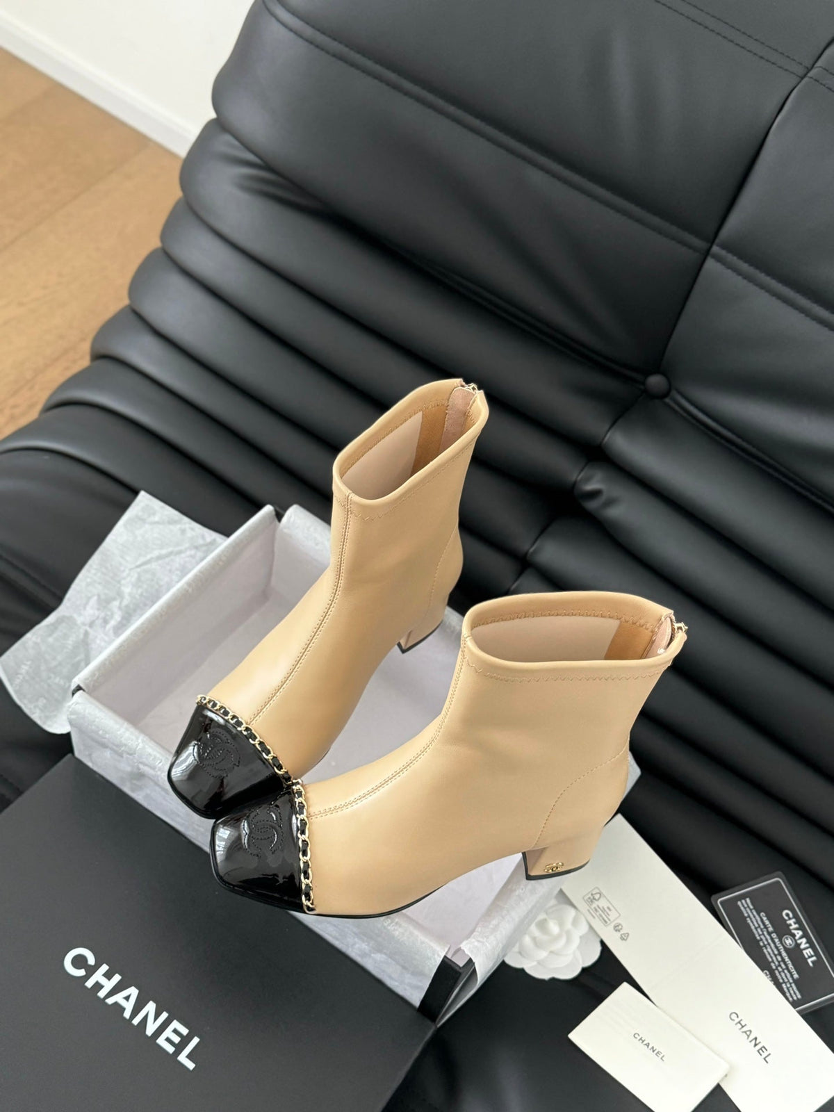 CC Ankle Boot Beige Calfskin Black Patent Calfskin