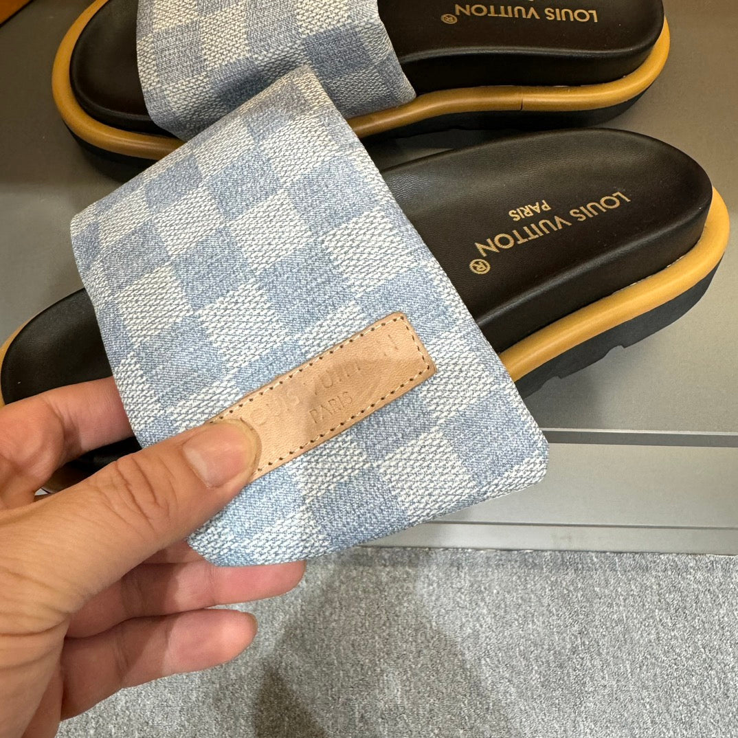 LV VELCRO SLIPPERS LIGHT BLUE DAMIER MONOGRAM JACQUARD