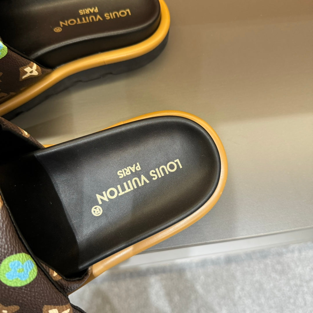 LV VELCRO SLIPPERS IN CHOCOLATE BROWN MONOGRAM CALFSKIN