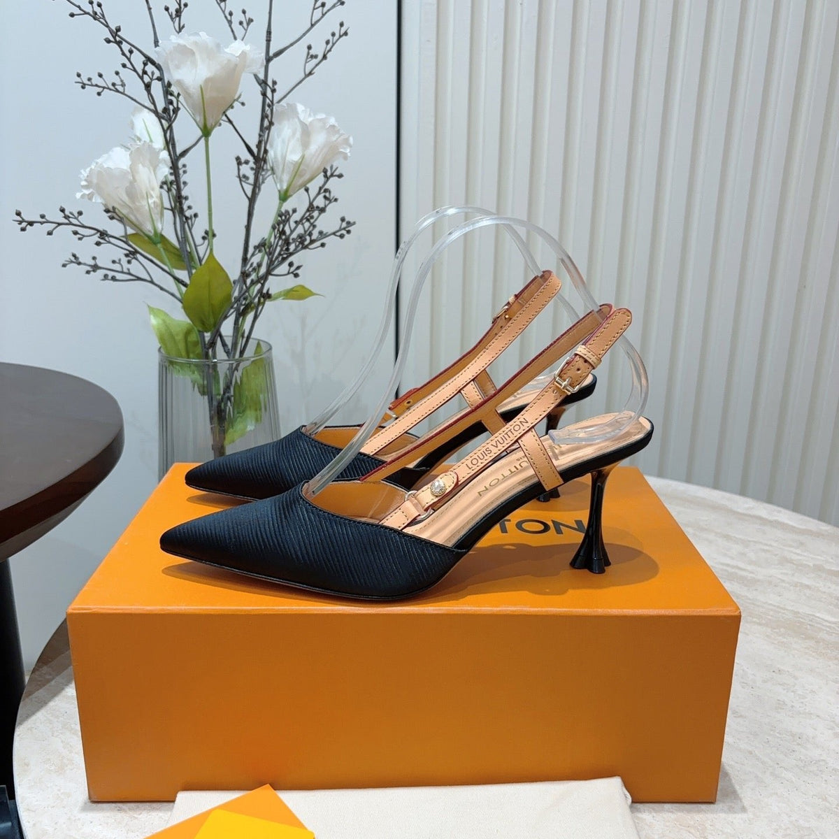 LV Blossom Slingback Pump 75mm Black Embroidered Fabric