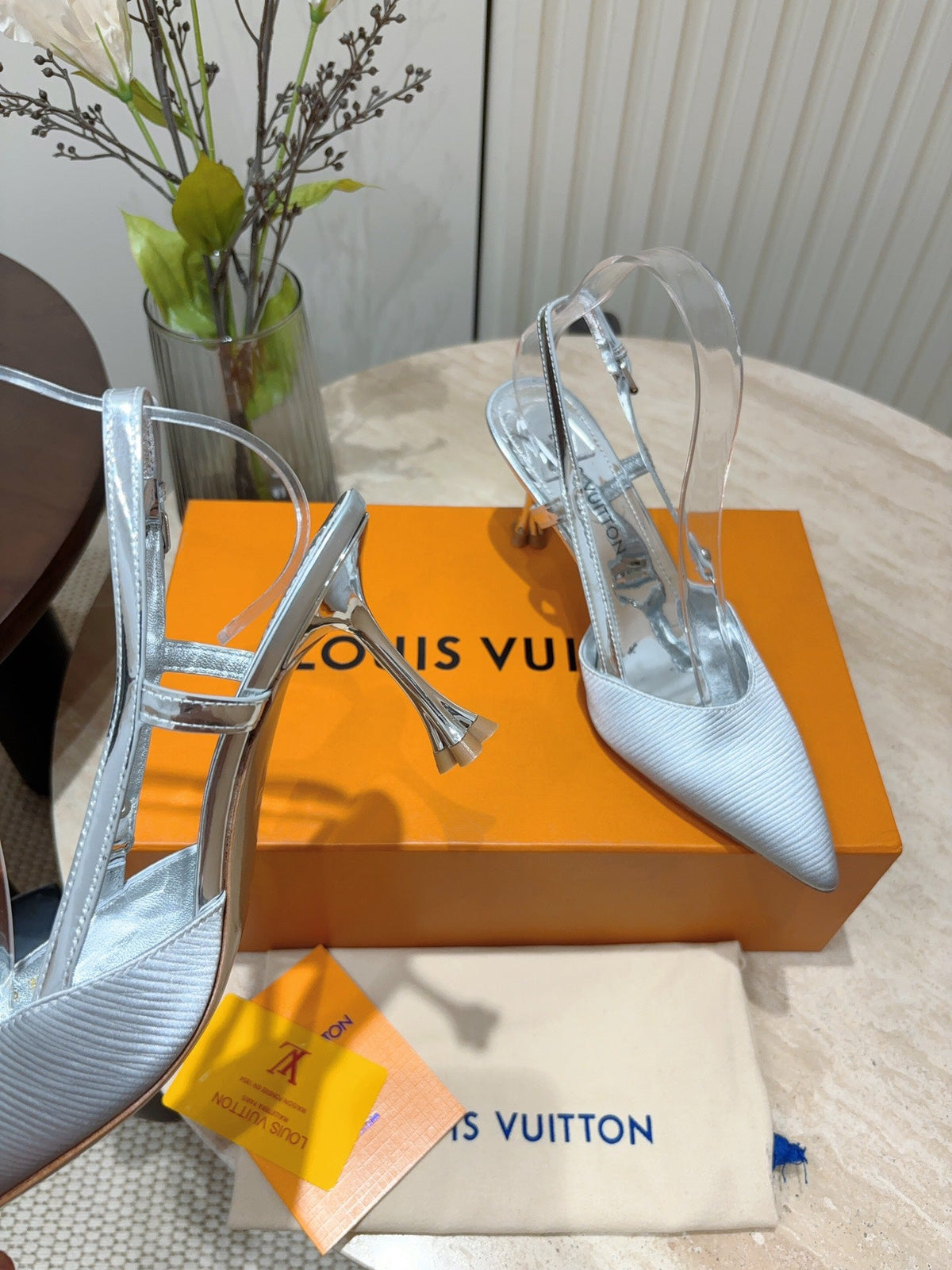 LV Blossom Slingback Pump 75mm White Silver Embroidered Fabric