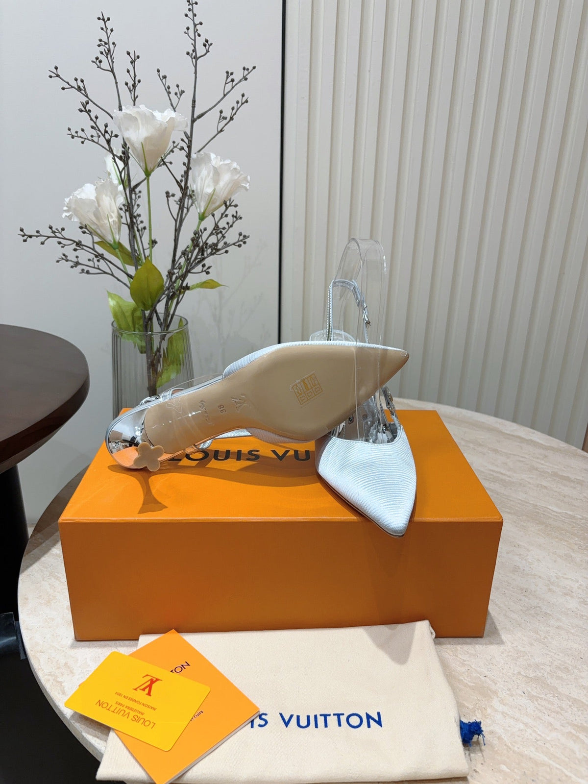 LV Blossom Slingback Pump 75mm White Silver Embroidered Fabric