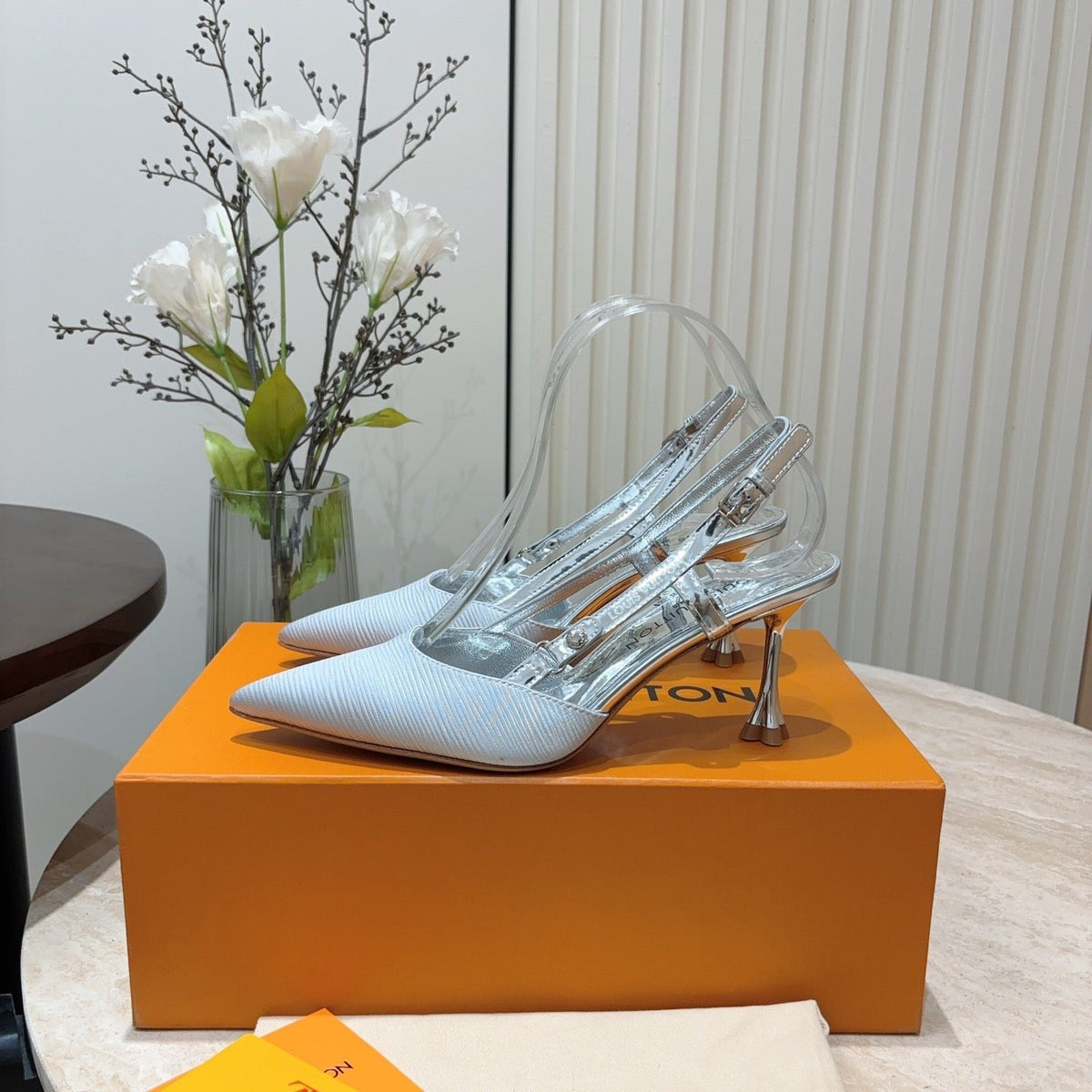LV Blossom Slingback Pump 75mm White Silver Embroidered Fabric