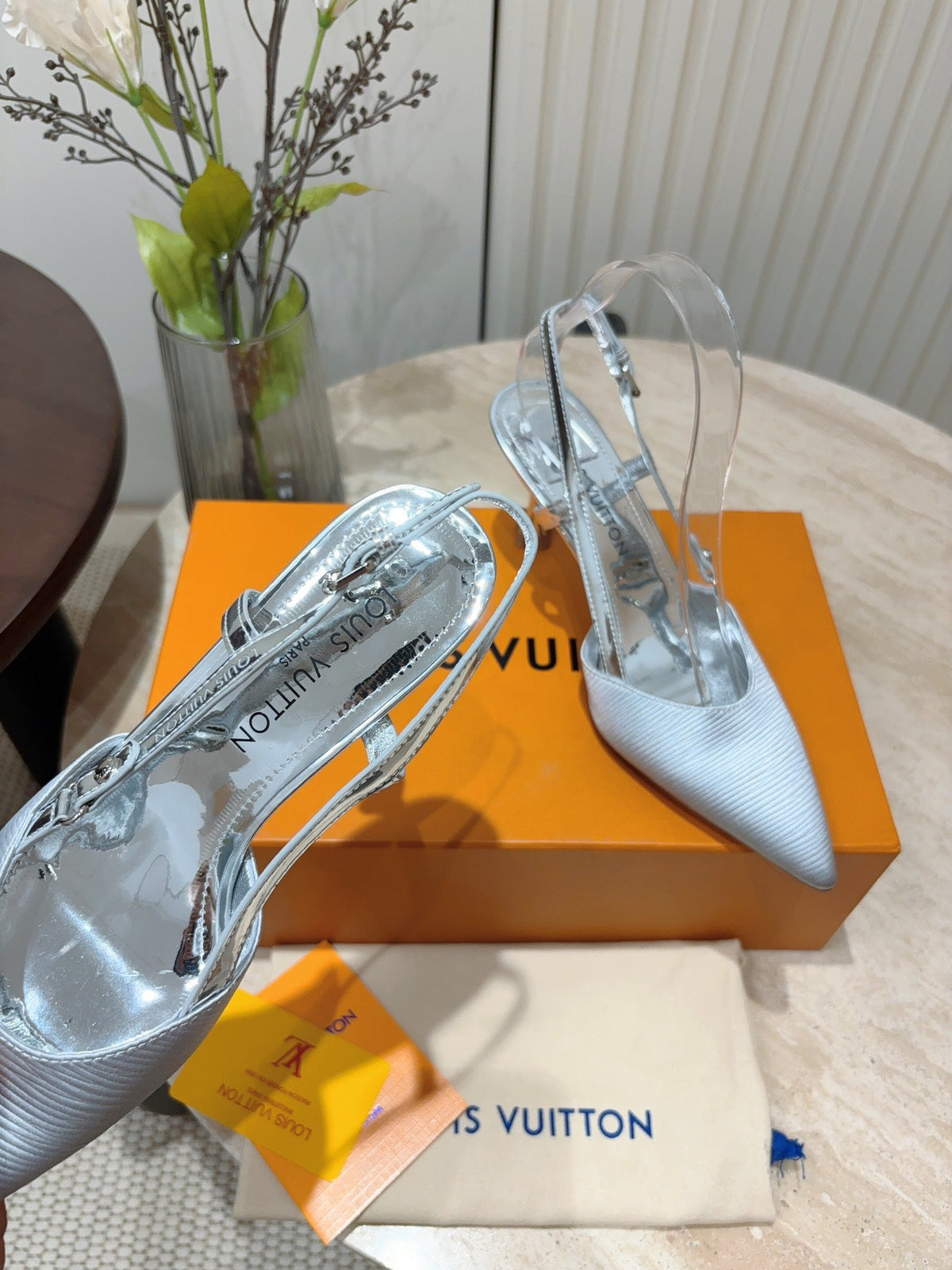 LV Blossom Slingback Pump 75mm White Silver Embroidered Fabric