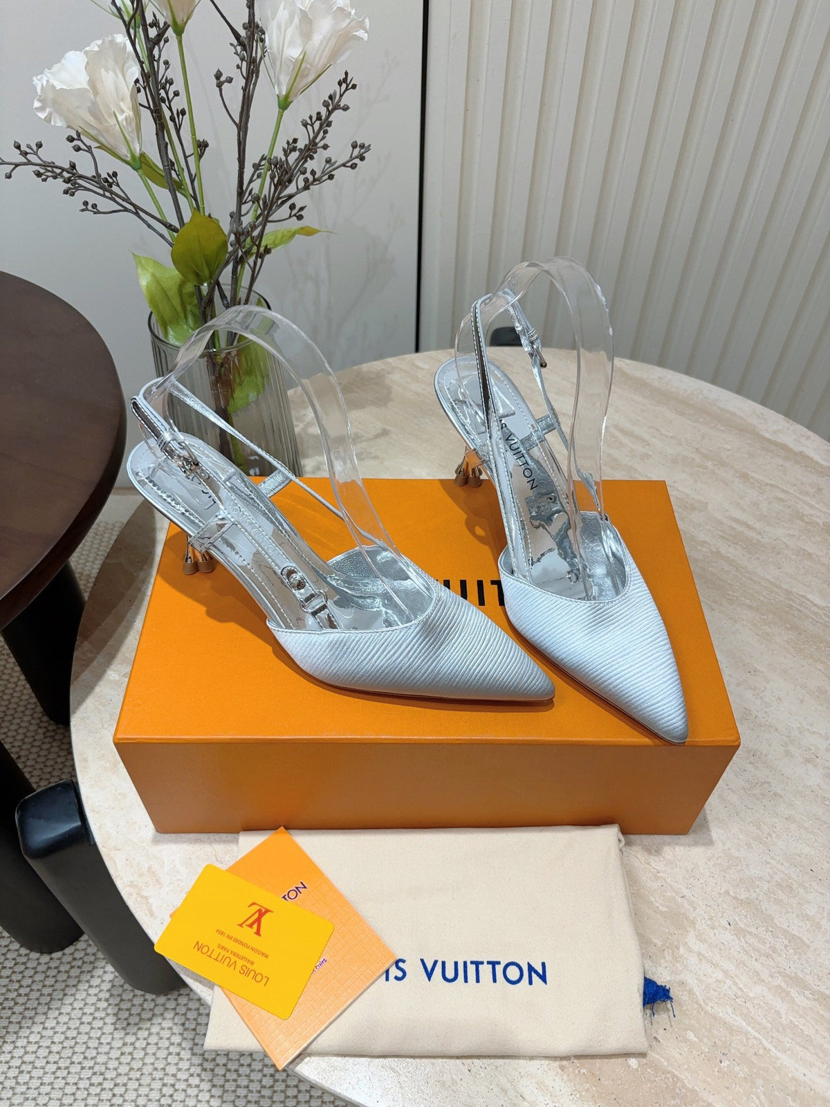 LV Blossom Slingback Pump 75mm White Silver Embroidered Fabric