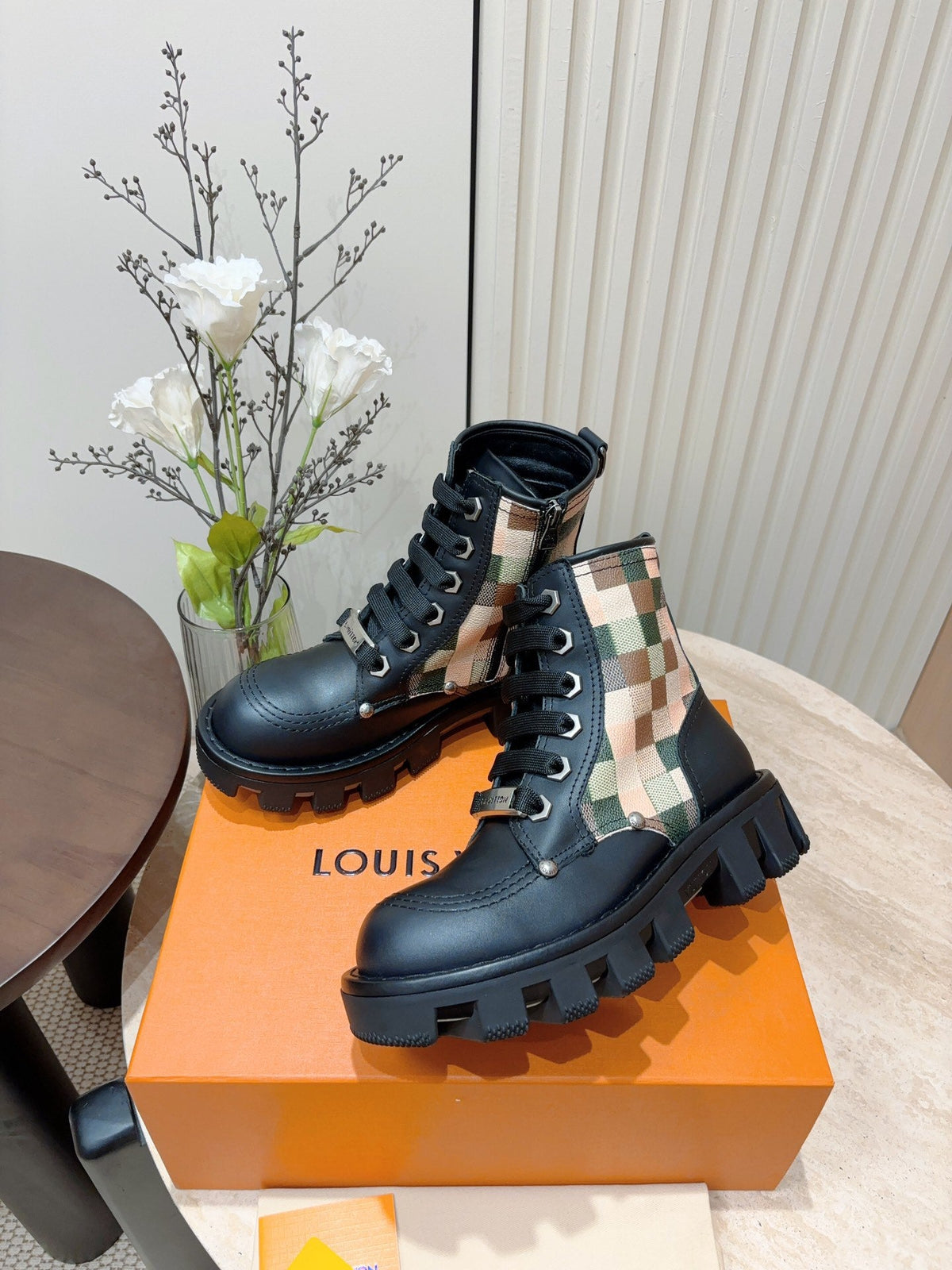 LV Checker Combat Boot Black Plaid Calfskin