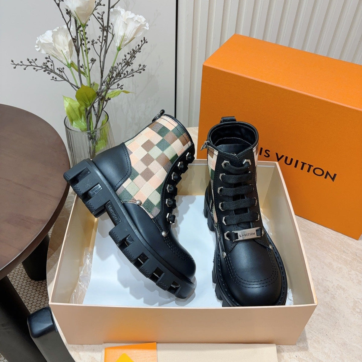 LV Checker Combat Boot Black Plaid Calfskin