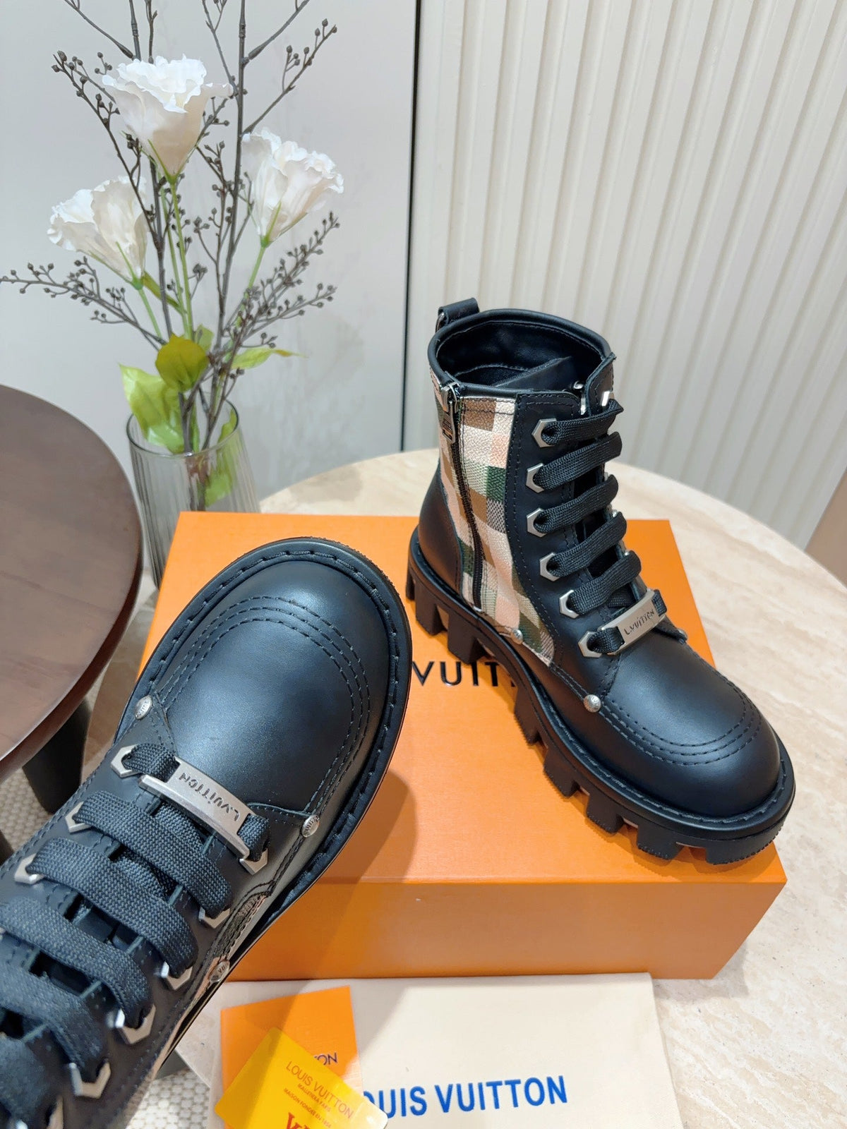 LV Checker Combat Boot Black Plaid Calfskin
