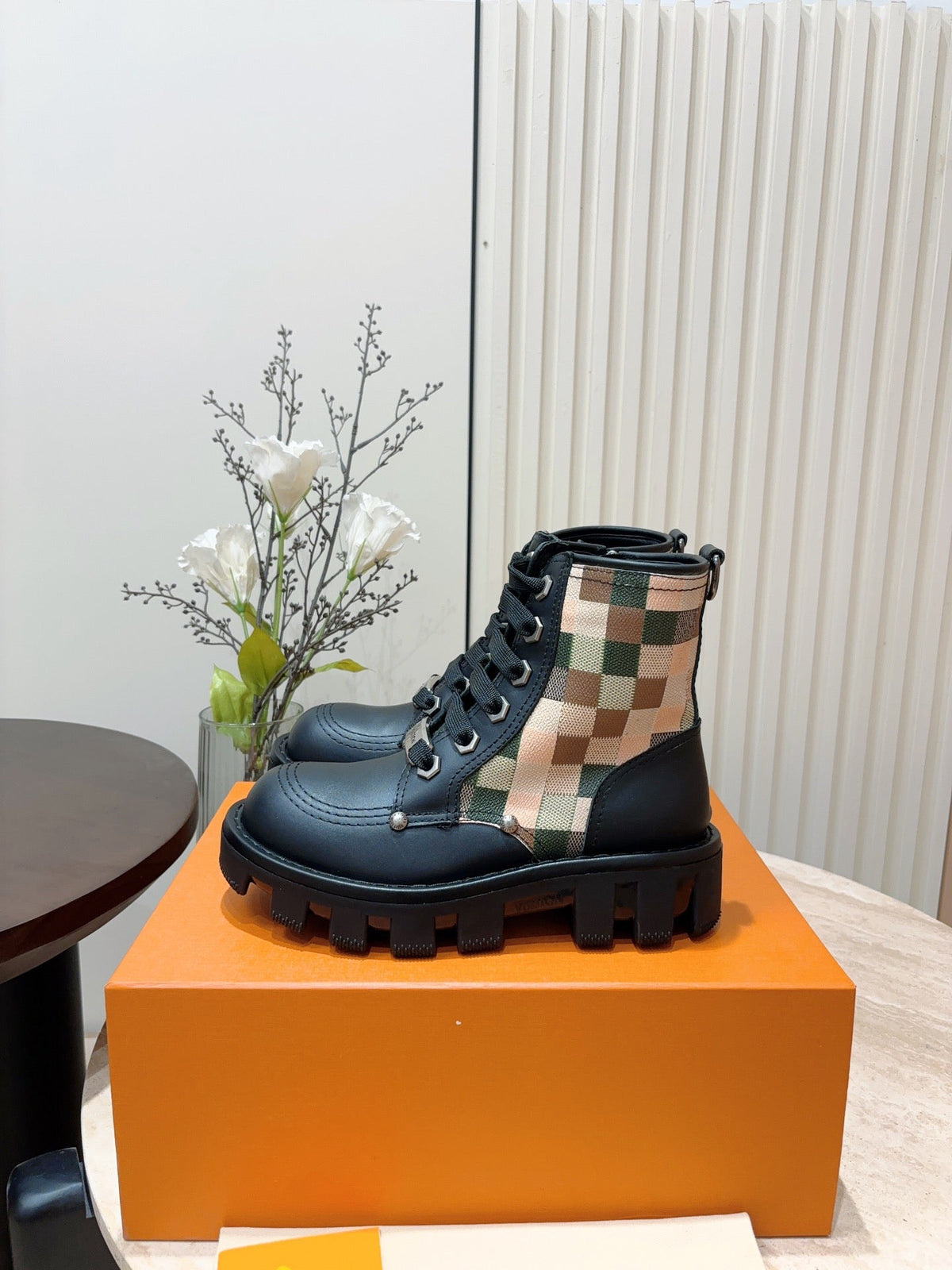 LV Checker Combat Boot Black Plaid Calfskin