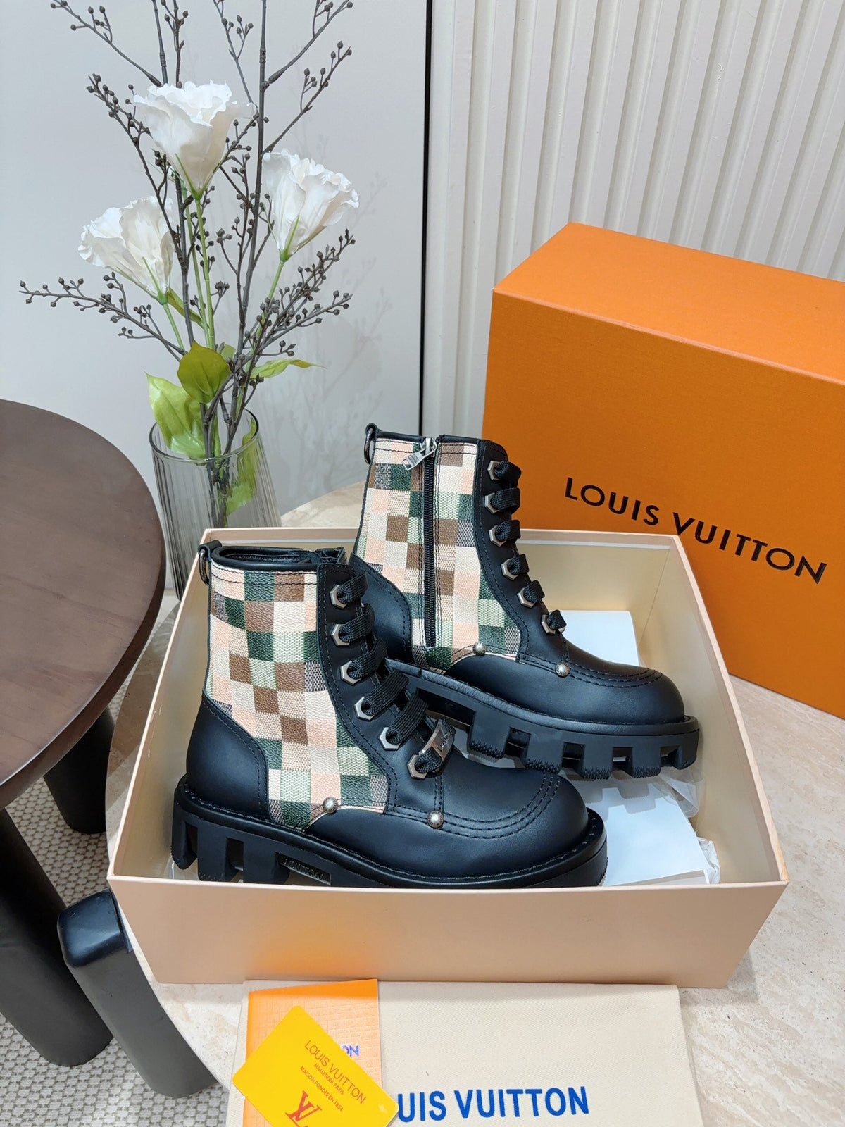 LV Checker Combat Boot Black Plaid Calfskin
