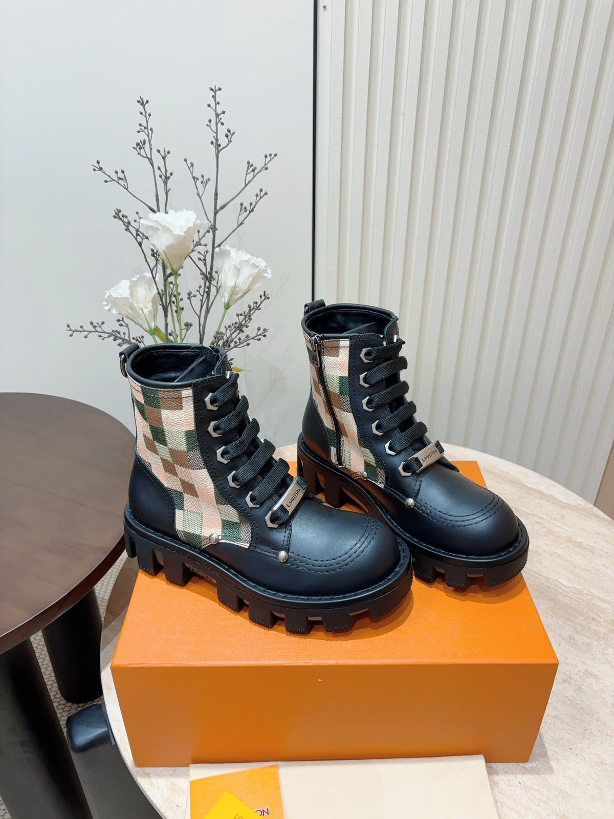 LV Checker Combat Boot Black Plaid Calfskin