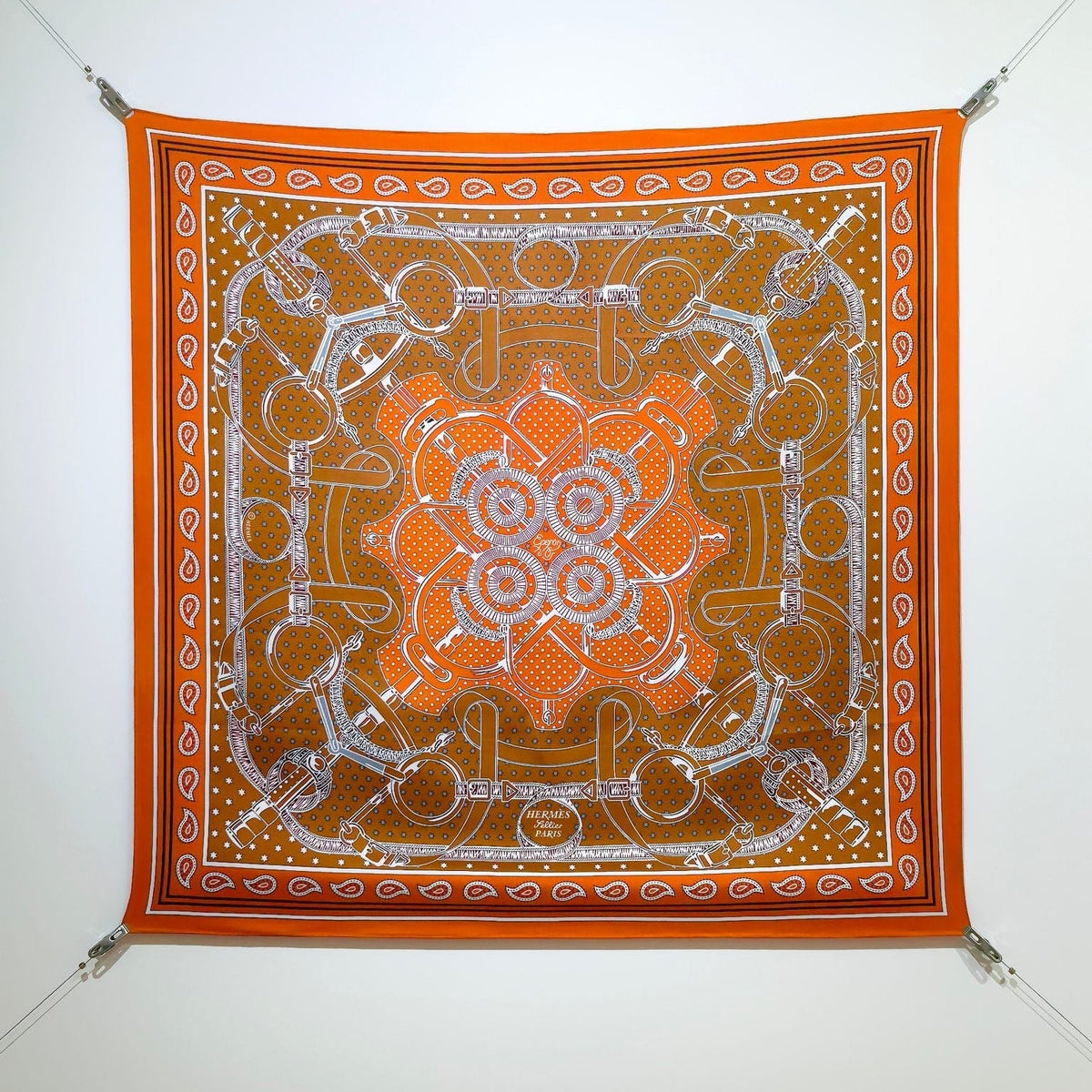 HM 26s Horse Scarf 90 Orange Colorful Cashmere Silk 138044