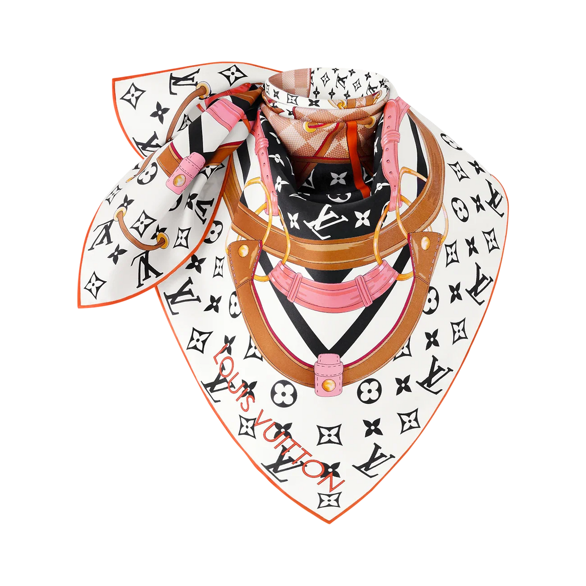 LV Double Sided Scarf 90 White Orange Monogram Cashmere Silk 168752