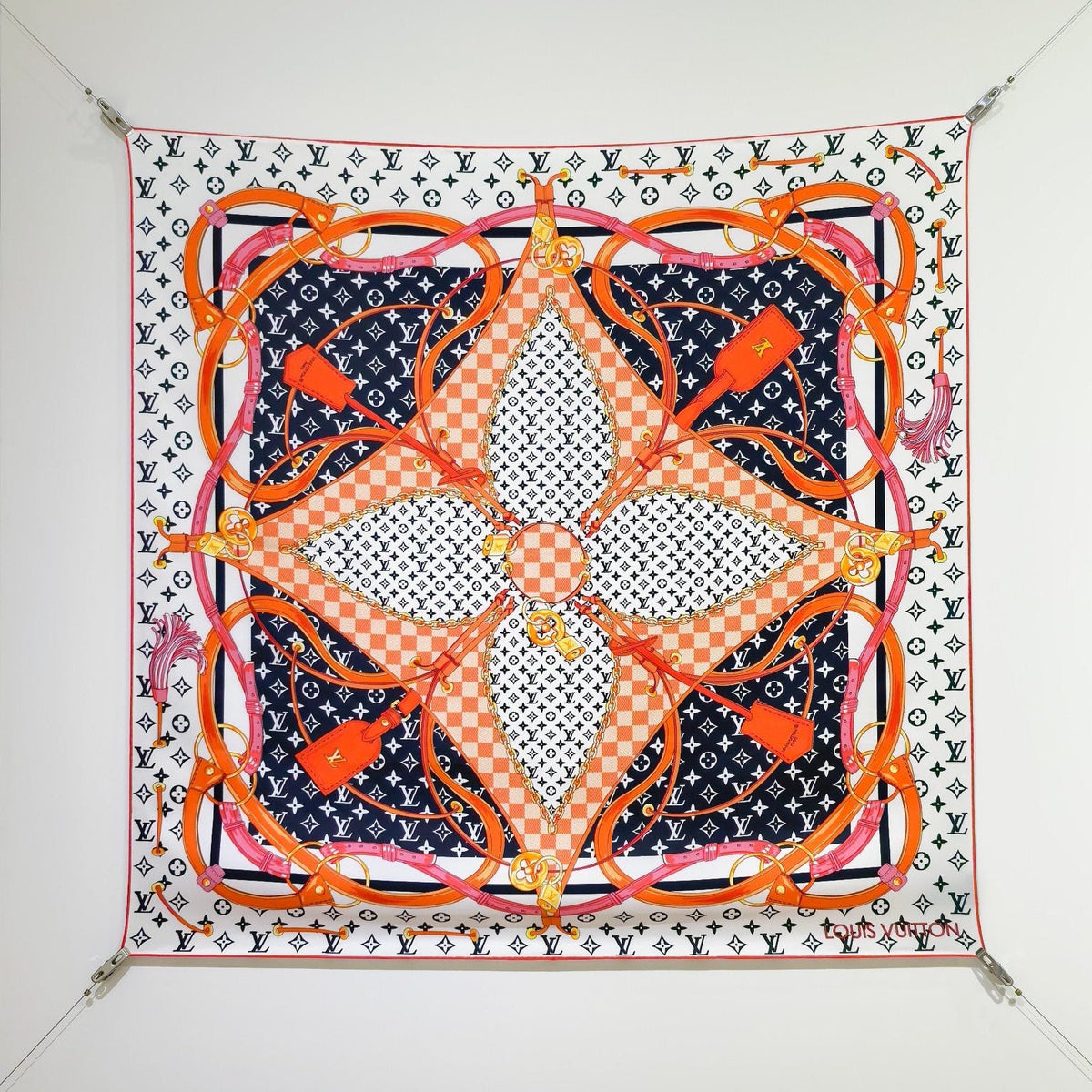 LV Double Sided Scarf 90 White Orange Monogram Cashmere Silk 168752