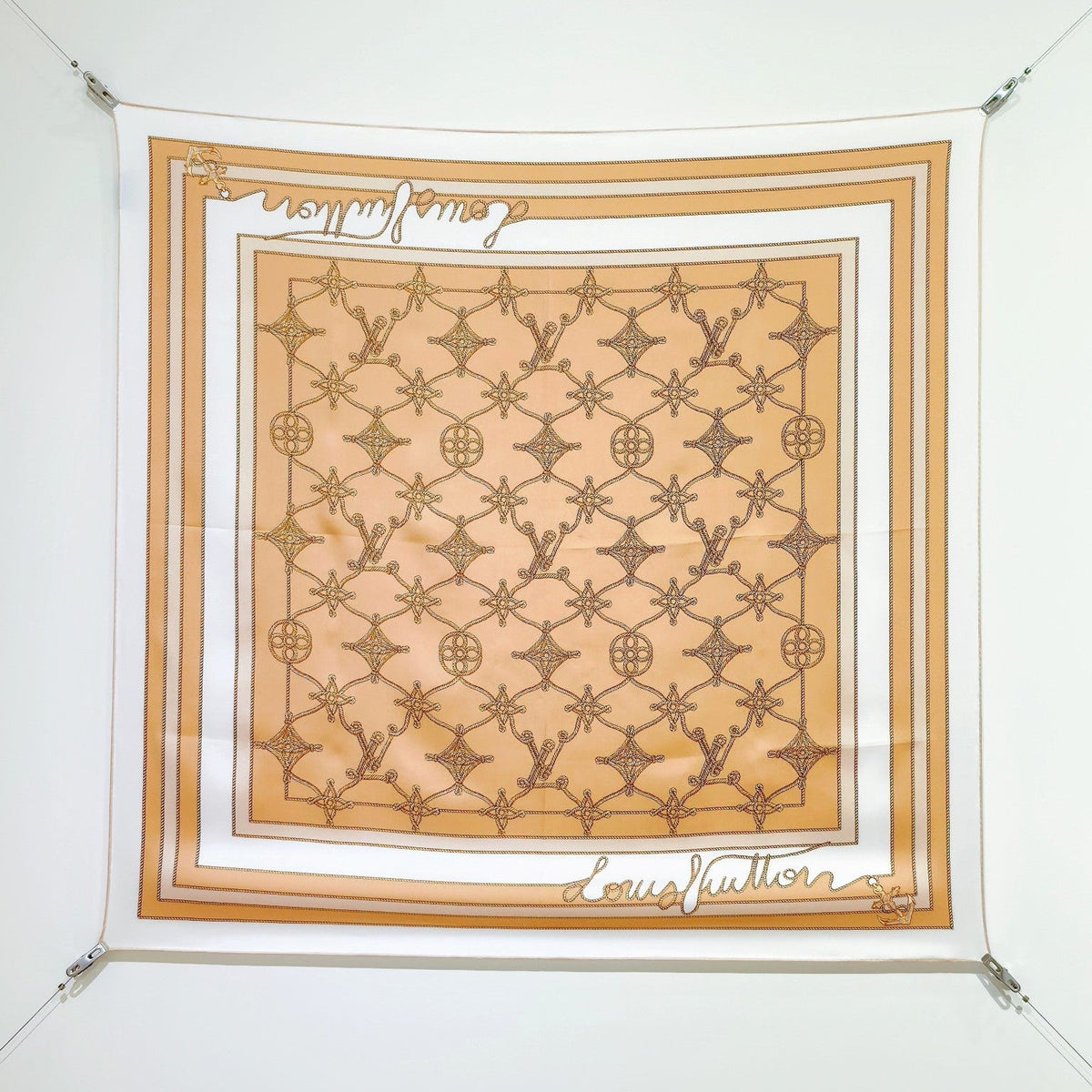 LV Double Sided Scarf 90 Beige White Monogram Twill Silk 164405