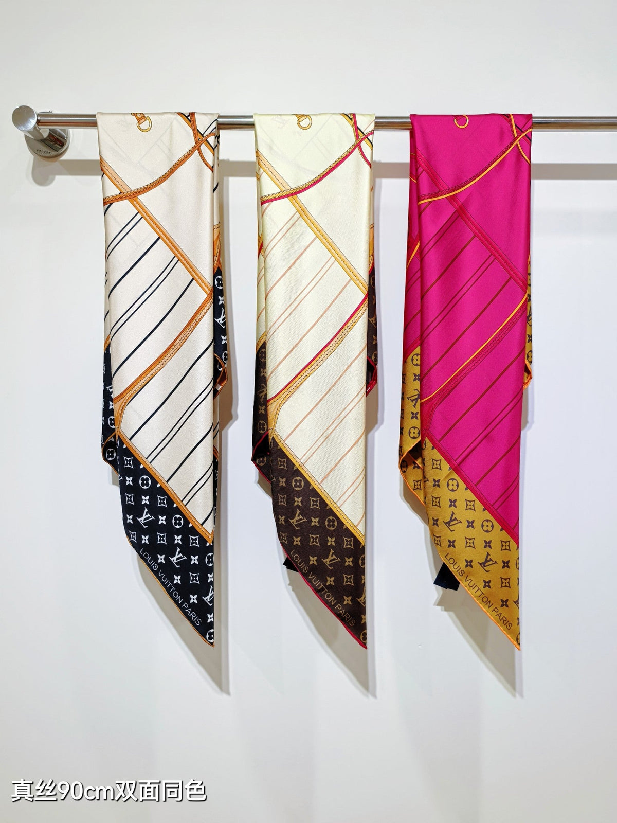 LV Double Sided Scarf 90 Pink Brown Monogram Cashmere Silk 168751