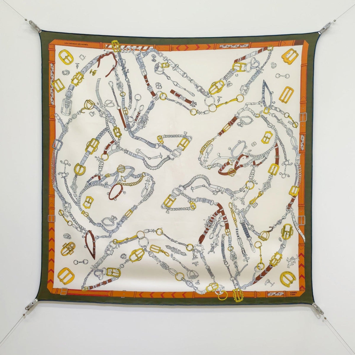 HM 26ss Sweet Saddle Scarf 90 Beige Black Green Colorful Twill Silk 132423