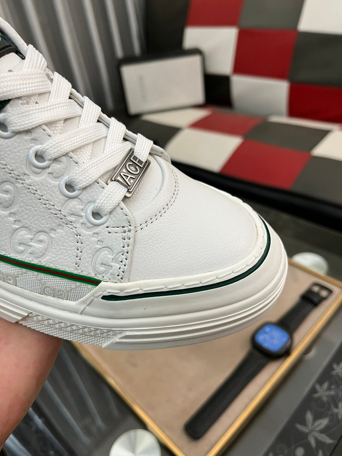 GG Men's ACE Sneaker White Green Embossed Cowhide 543293