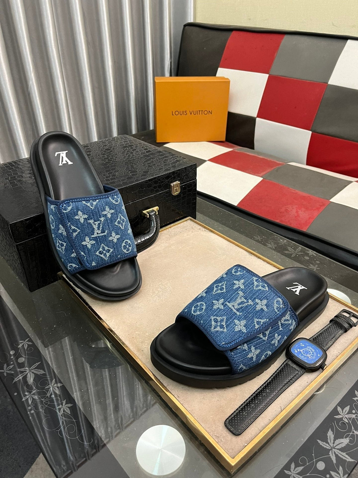 MIAMI MULE IN DENIM BLUE MONOGRAM JACQUARD