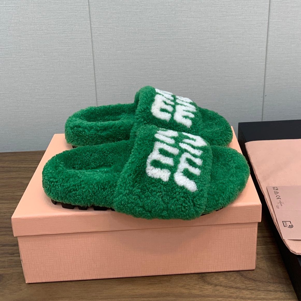 Miu slippers Green With White Lettering Pure Wool