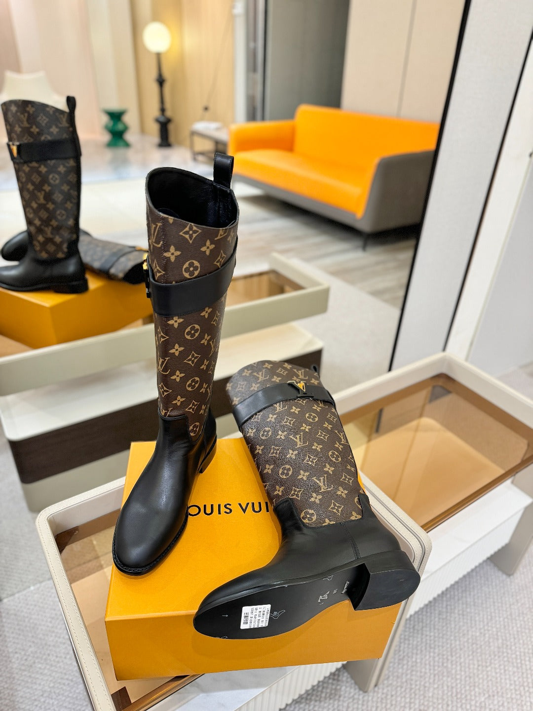 LV 25 Metal Buckle Riding Boots Monogram Brown Cowhide 573889