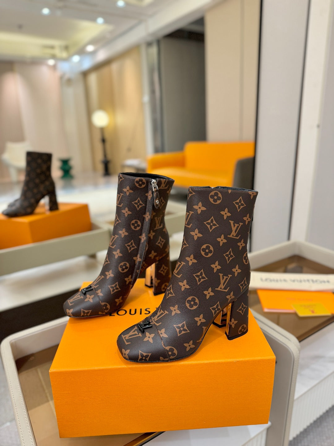 LV Ankle Boots 90 Monogram Brown Sheepskin 573714