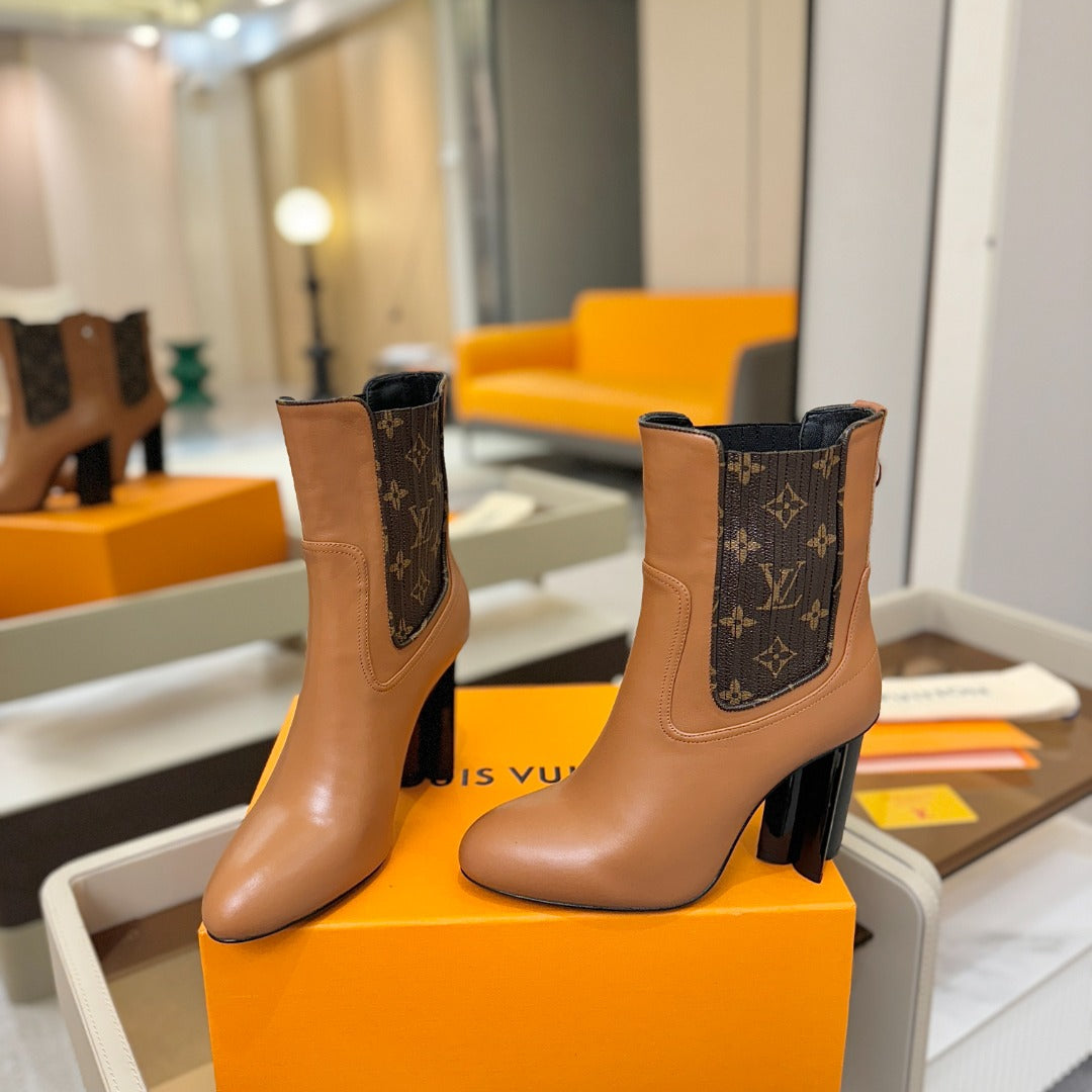 LV 25 Runway Ankle Boots 95 Tan Monogram Brown Calfskin 573860