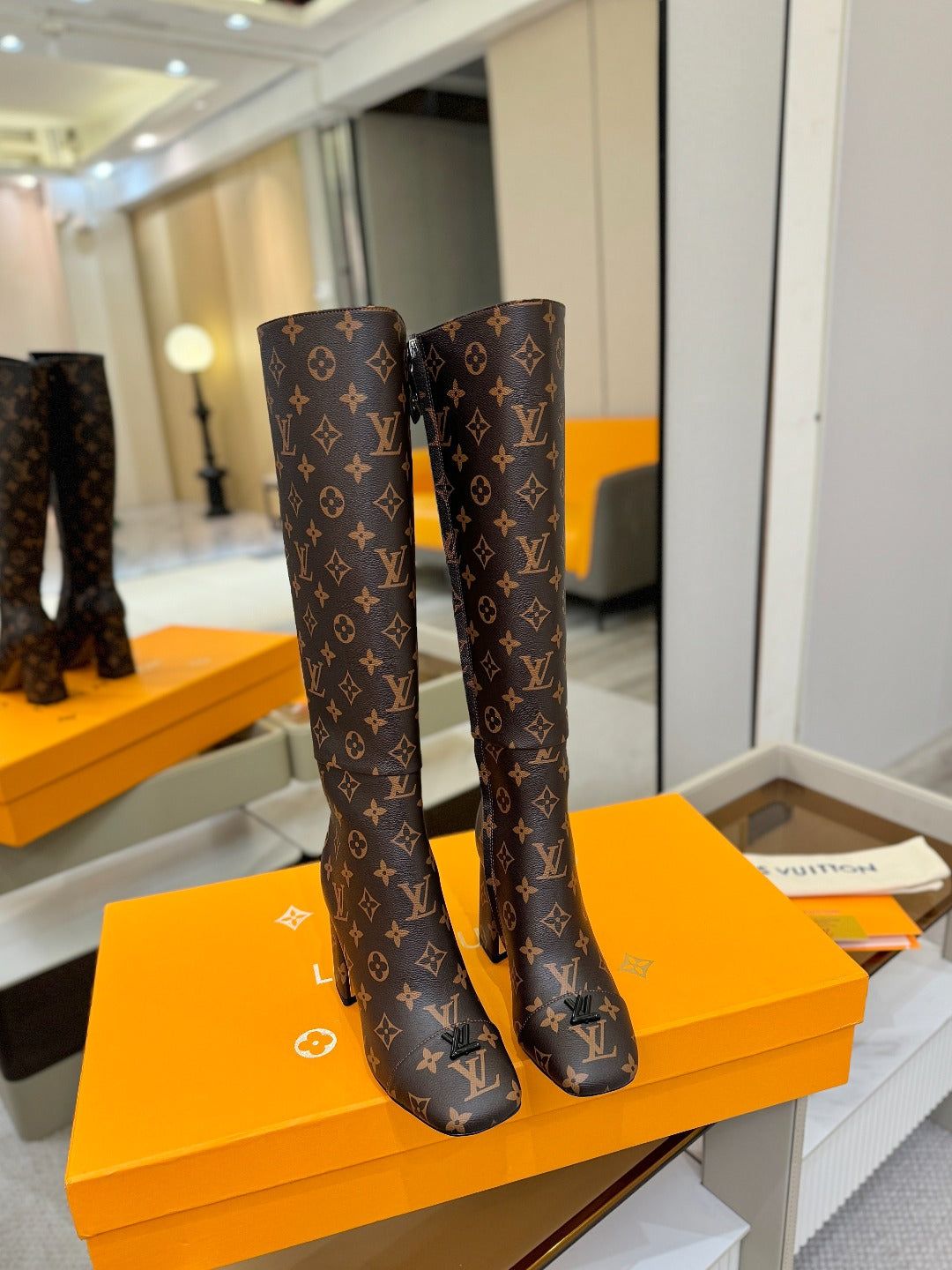 LV  High Boots 85 Monogram Brown Sheepskin 573736