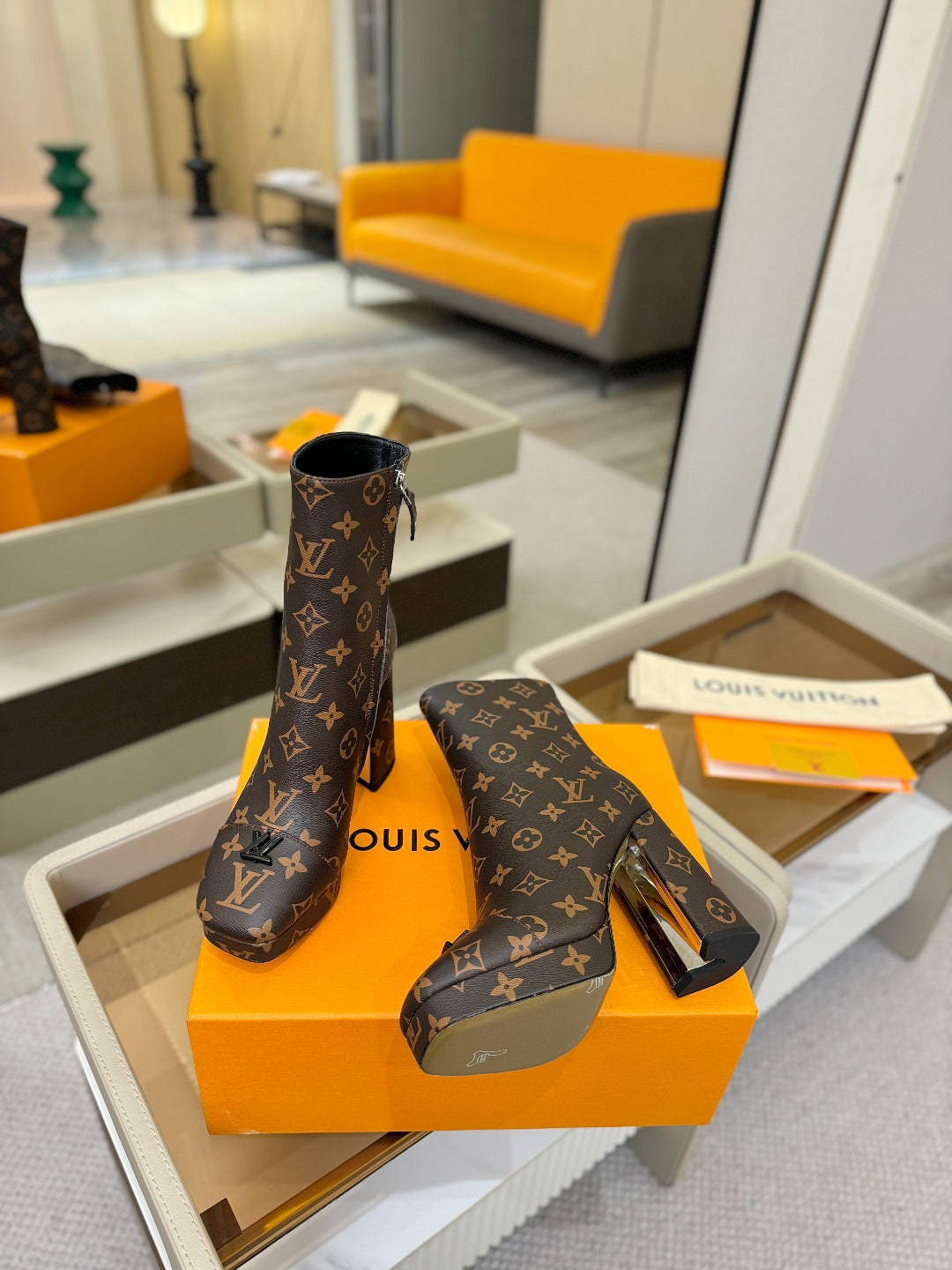 LV Ankle Boots 110 Monogram Brown Sheepskin 573720