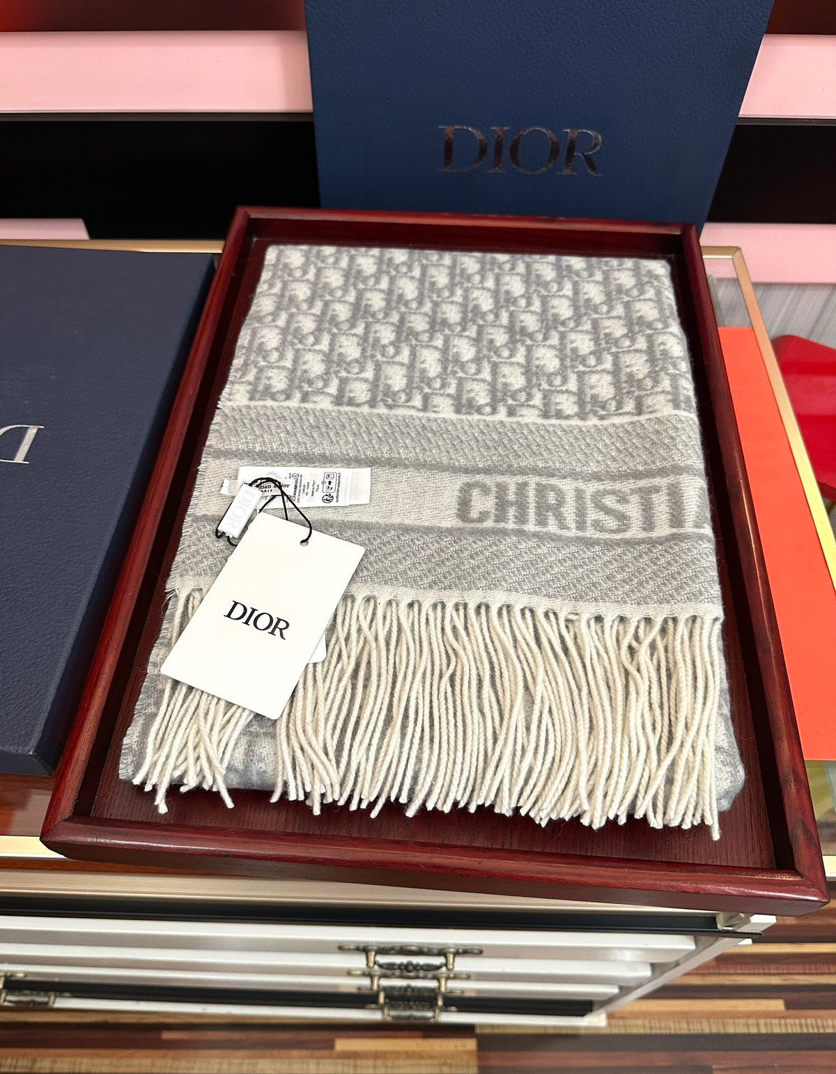 CD Oblique Print Scarf 200CM Gray White Wool 292981