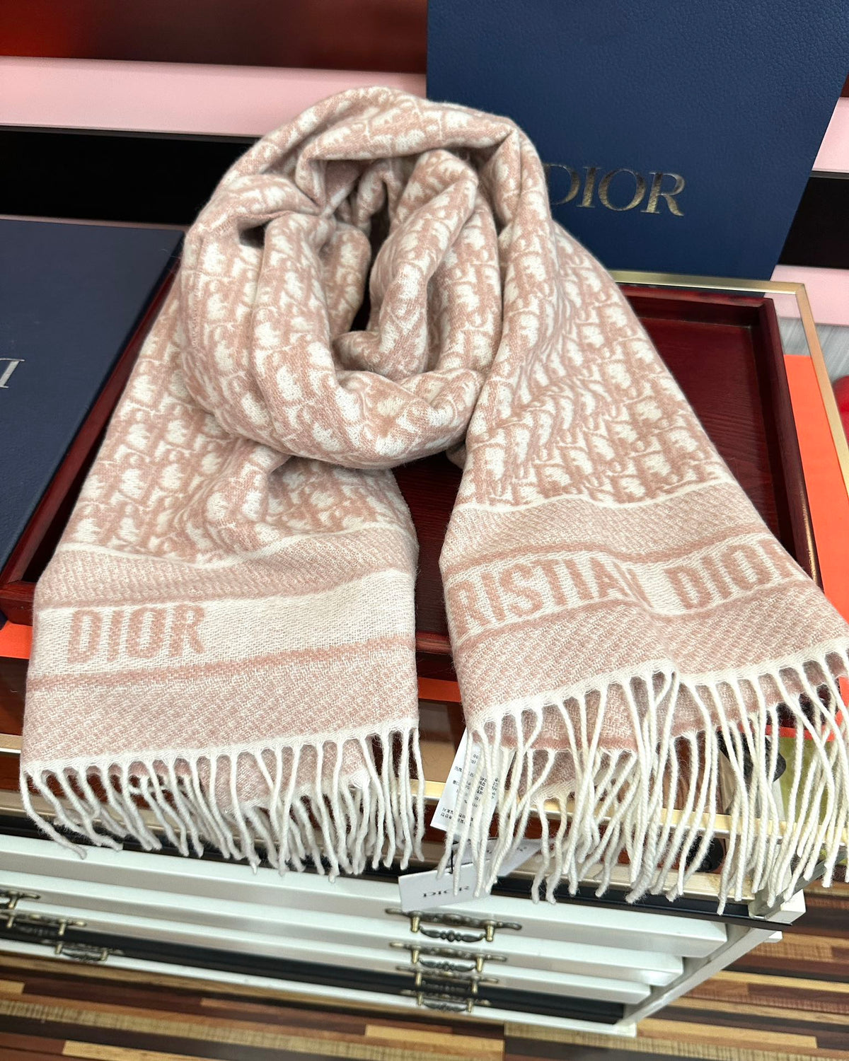CD Oblique Print Scarf 200CM Light Pink Wool 292982