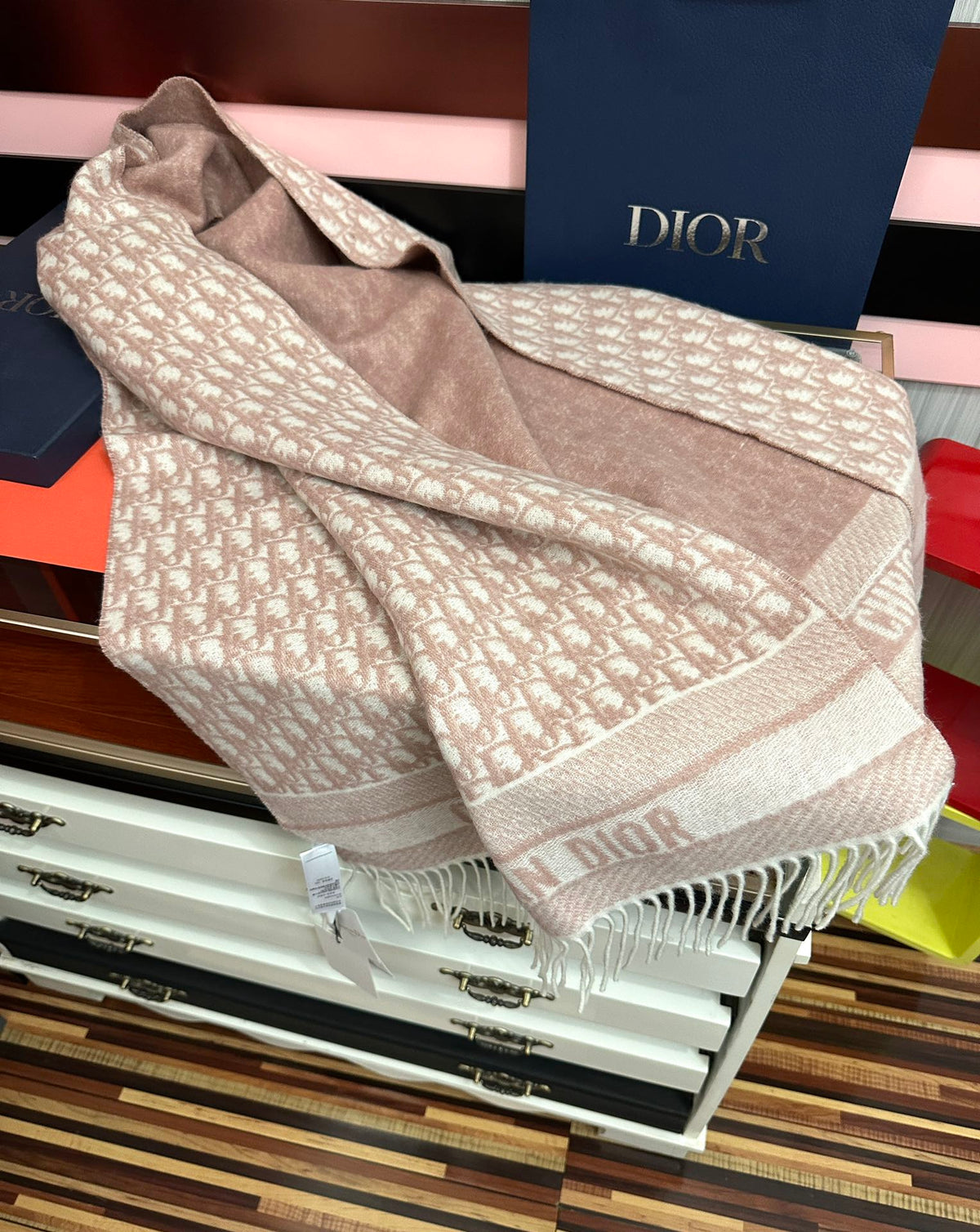 CD Oblique Print Scarf 200CM Light Pink Wool 292982