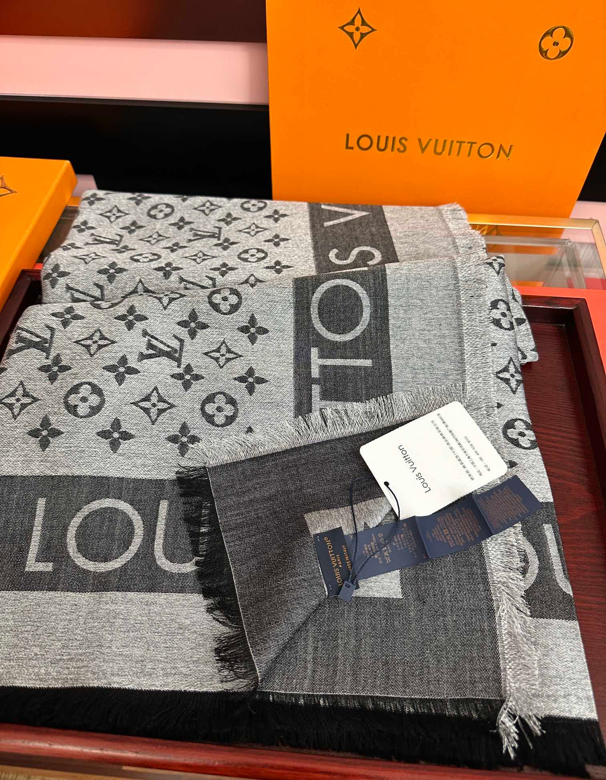 LV  Long Scarf 140cm Black Gray Cashmere 967310