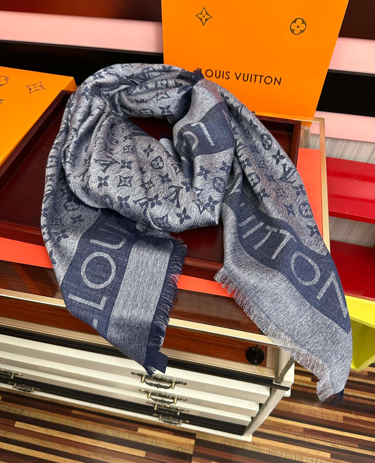 LV  Long Scarf 140cm Navy Blue Cashmere 967311
