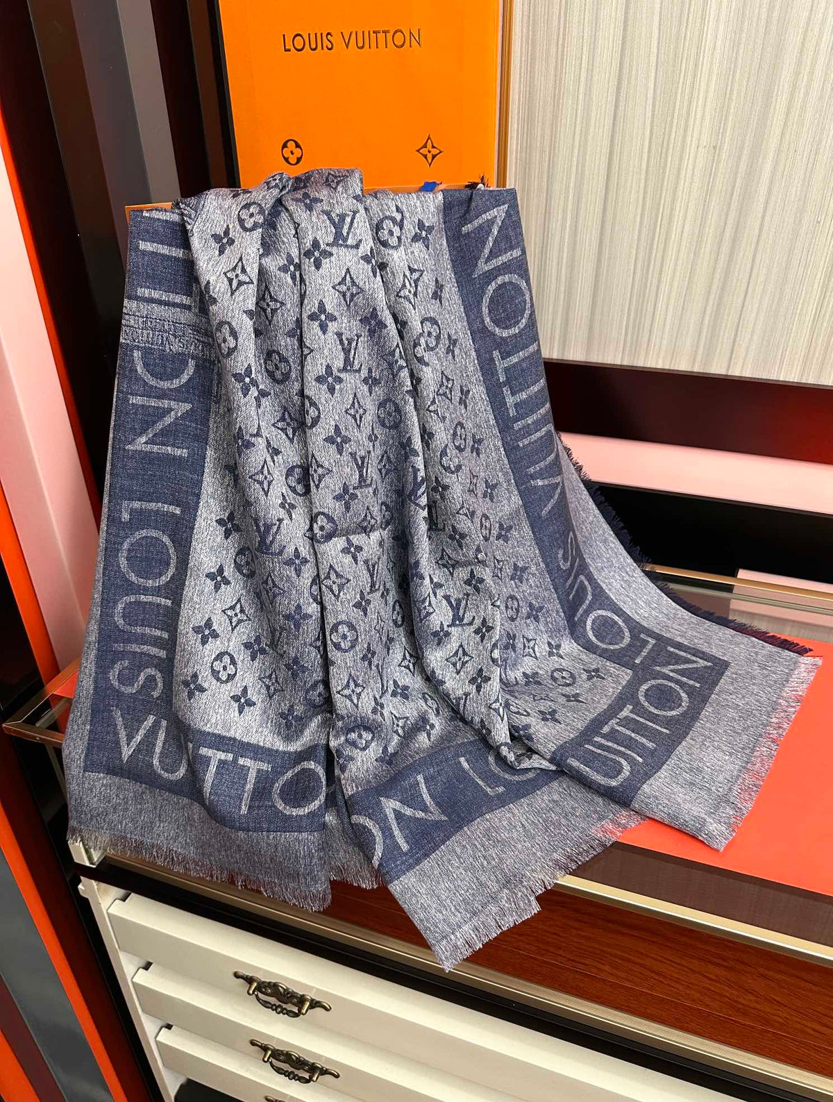 LV  Long Scarf 140cm Navy Blue Cashmere 967311