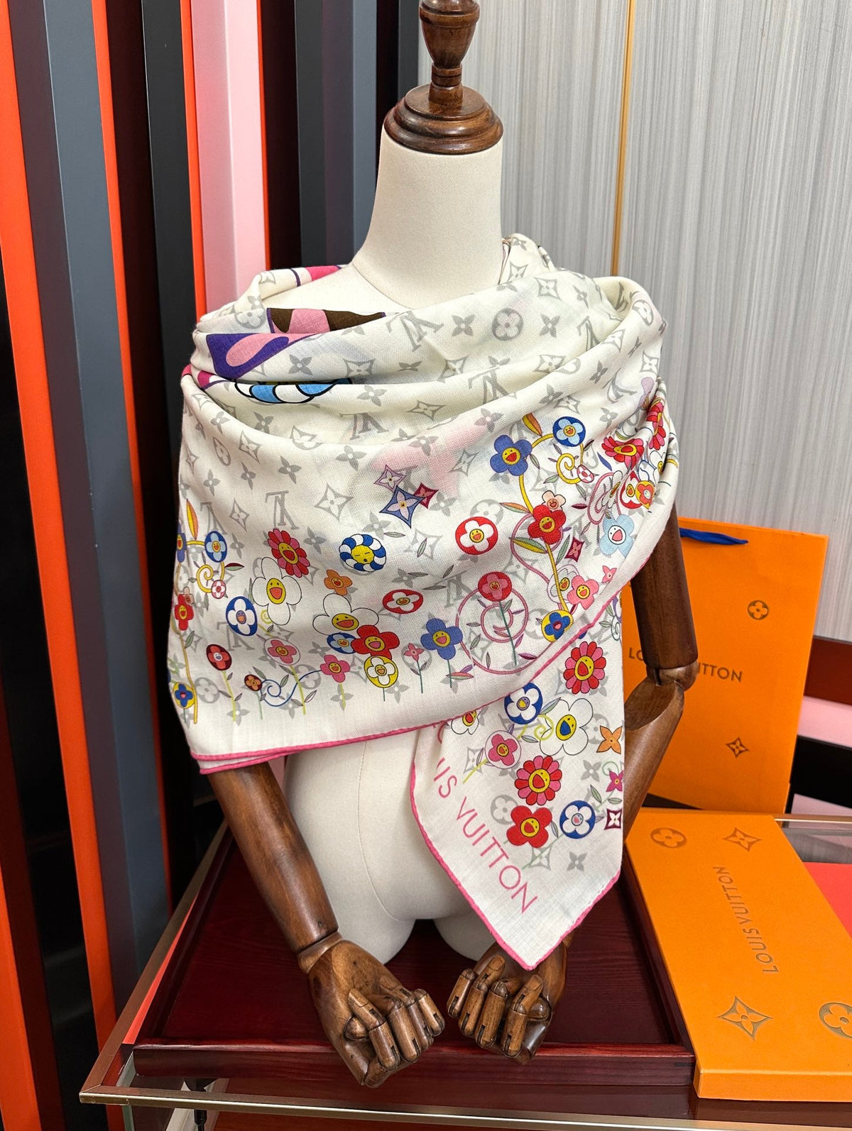 LV Double-Sided 140cm White Colorful Silk Cashmere 967344