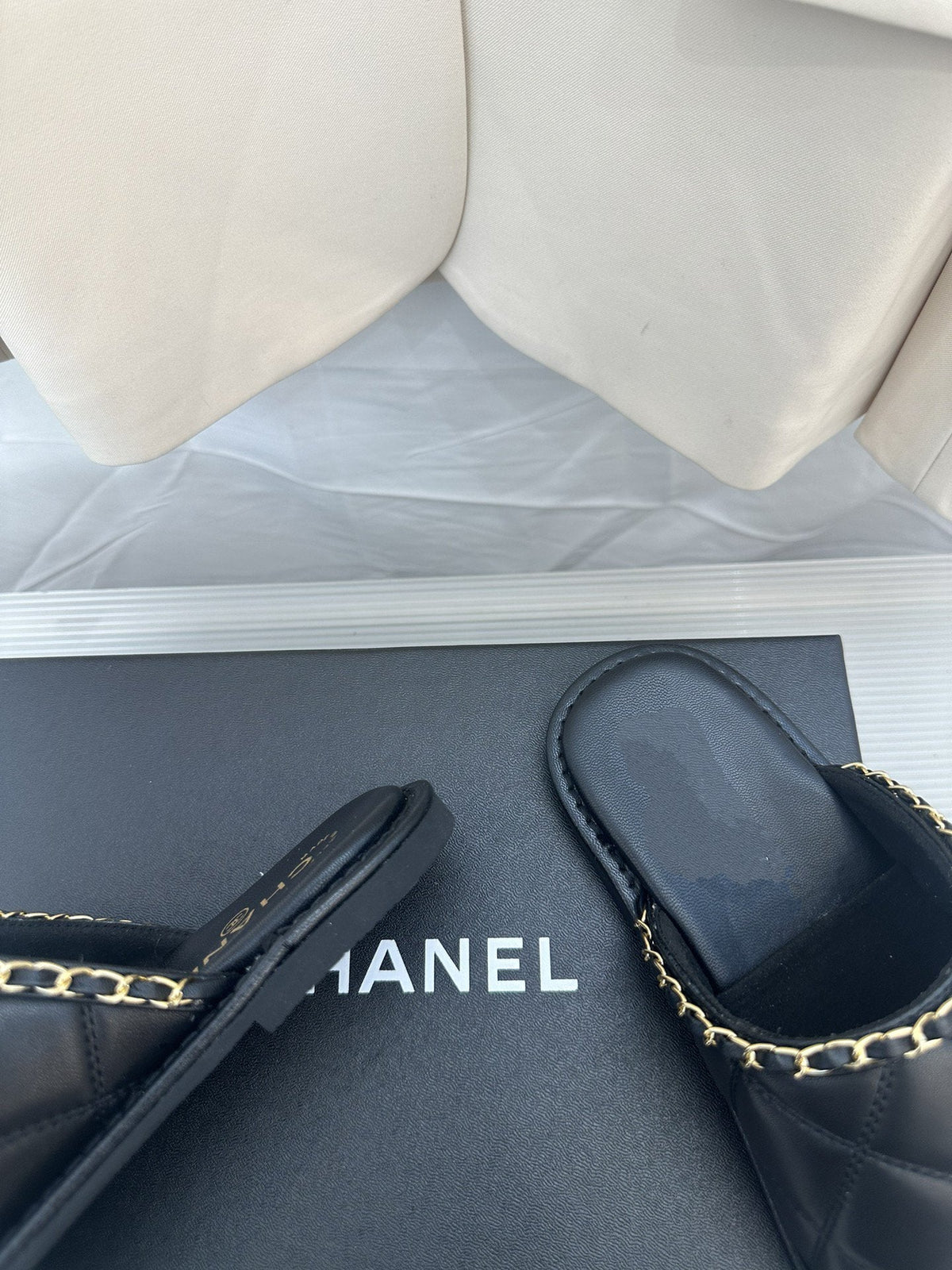 CC Black Lambskin Gold Chain Mules